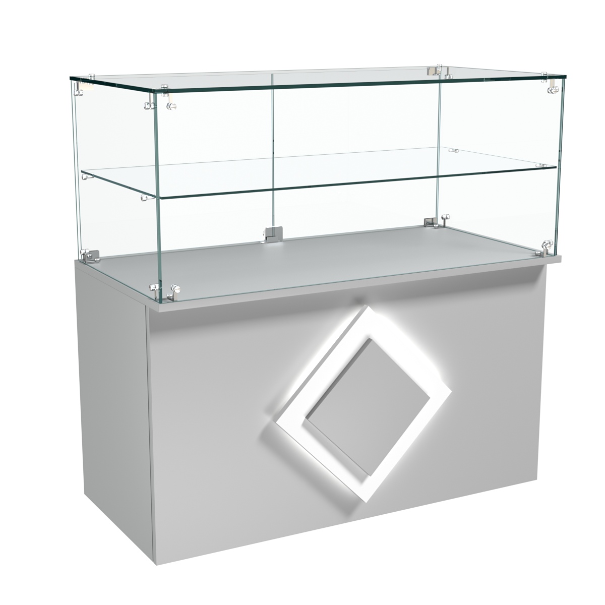 Торговый прилавок прямоугольный с декоративной накладкой и стеклянной полкой серии РОМБ №31 Серый