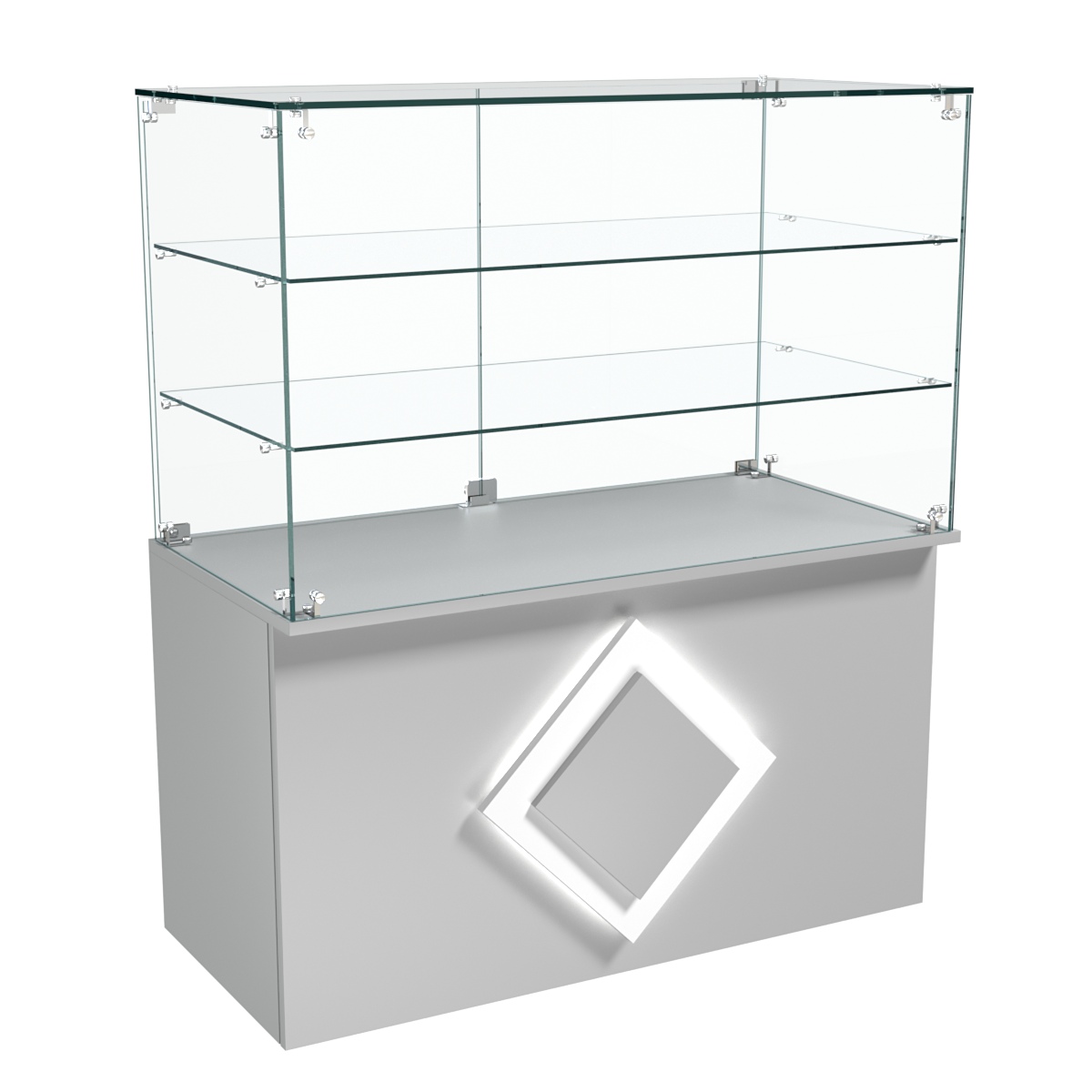 Торговый прилавок прямоугольный декоративной накладкой и двумя полками серии РОМБ №32 Серый