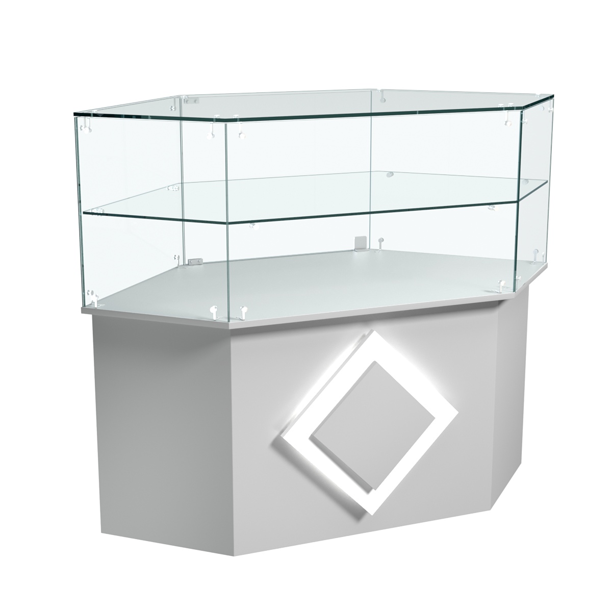 Торговый прилавок низкий шестигранный с декоративной накладкой и одной полкой серии РОМБ №36 Серый