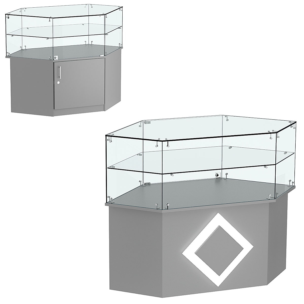 Торговый прилавок низкий шестигранный с декоративной накладкой и одной полкой серии РОМБ №36 Темно-Серый