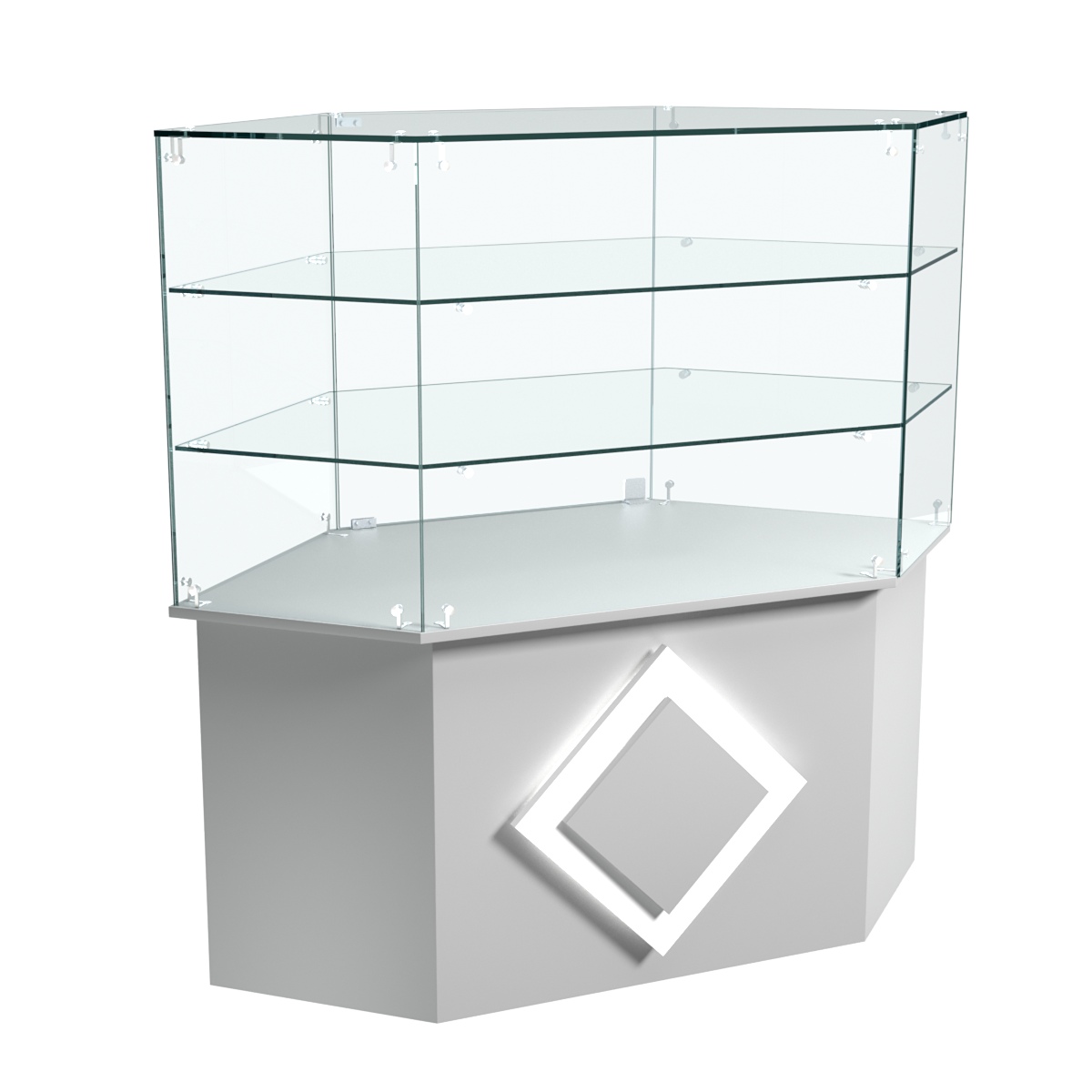 Торговый прилавок низкий шестигранный с декоративной накладкой и двумя полками серии РОМБ №37 Серый