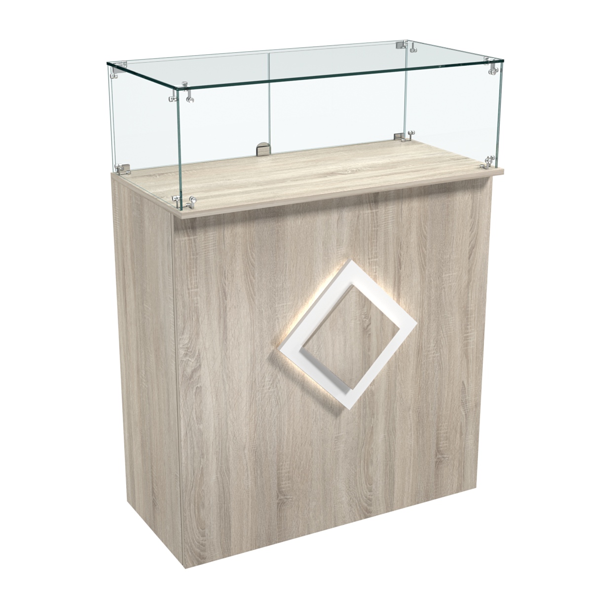 Торговый прилавок прямоугольный с декоративной накладкой и стеклянным колпаком РОМБ №1 Дуб сонома