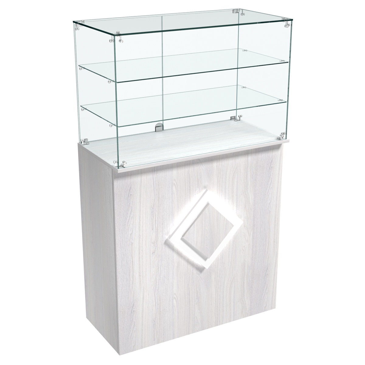 Торговый прилавок прямоугольный с декоративной накладкой и двумя полками РОМБ №3 Ясень Анкор светлый - U31104