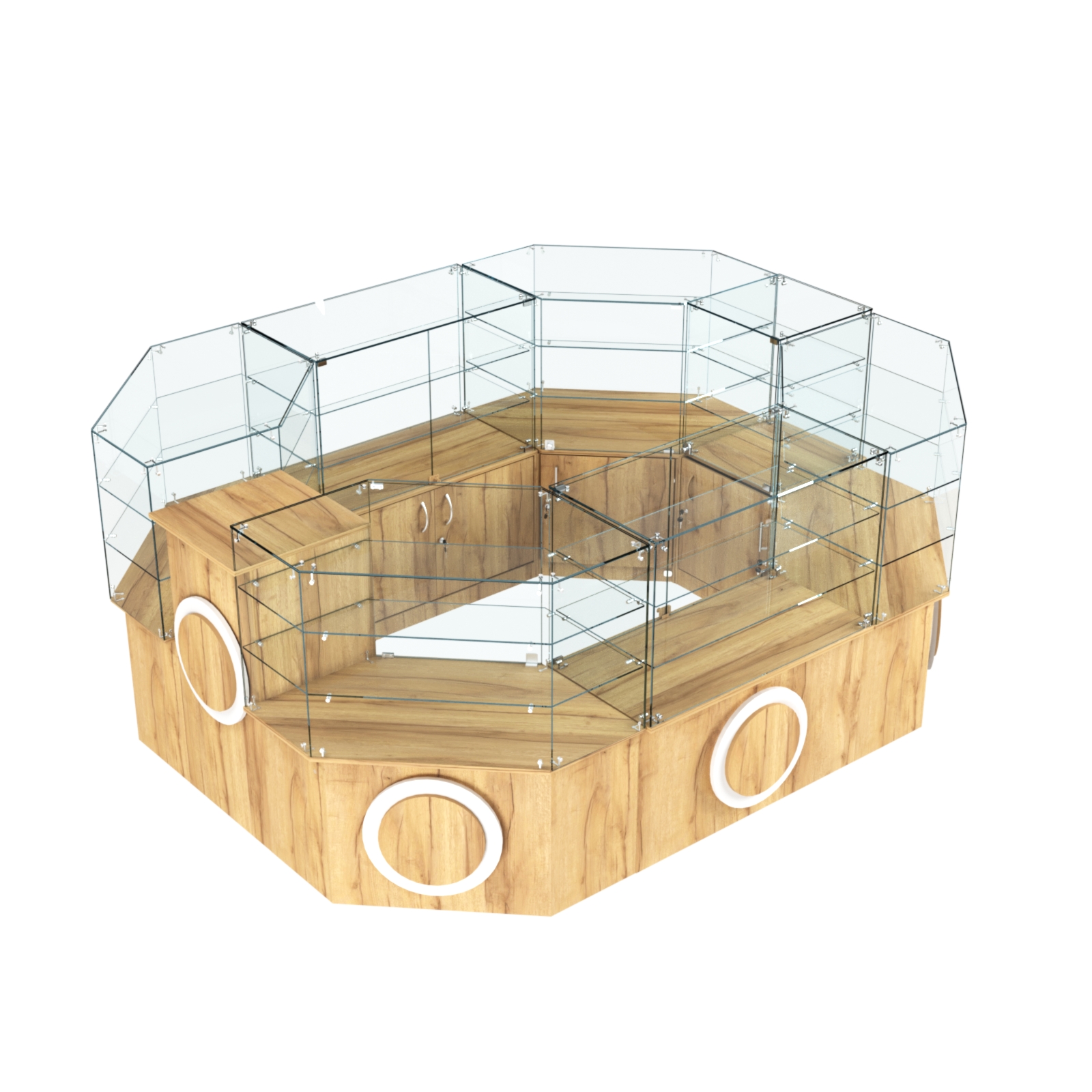 Торговый прямоугольный островок с низким накопителем и накладками серии КРУГ №1 (6,24 кв.м) Дуб Золотистый