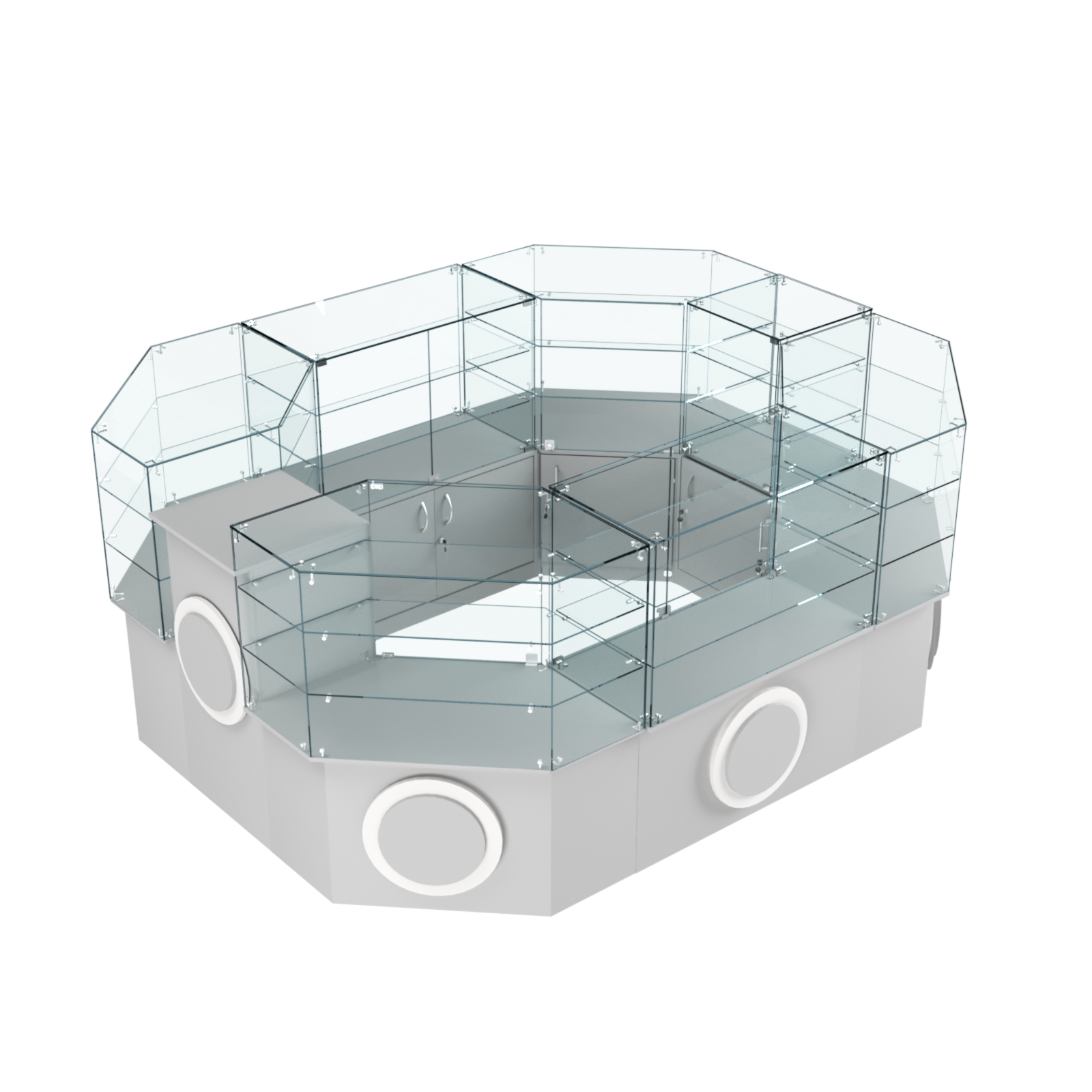 Торговый прямоугольный островок с низким накопителем и накладками серии КРУГ №1 (6,24 кв.м) Серый