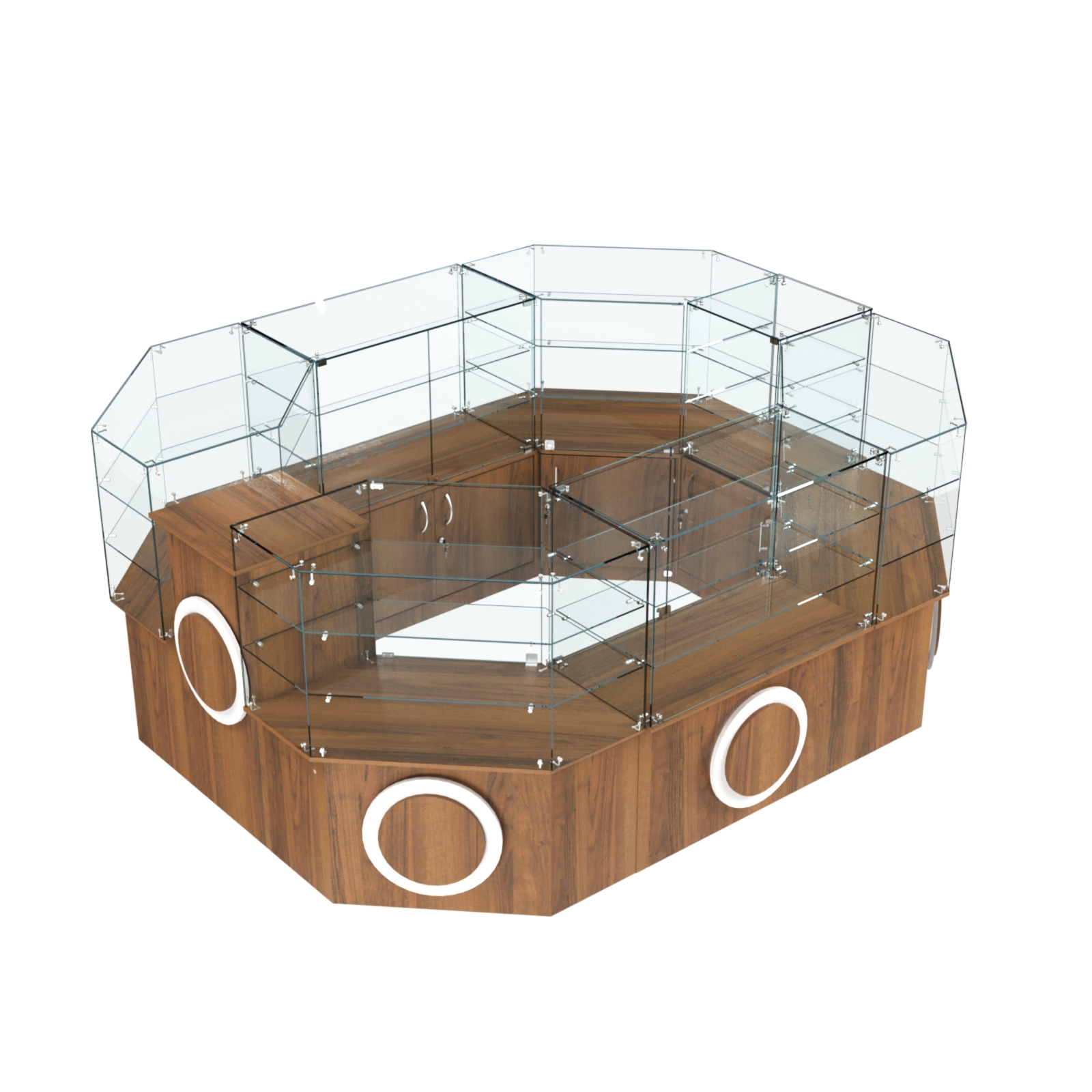 Торговый прямоугольный островок с низким накопителем и накладками серии КРУГ №1 (6,24 кв.м) Орех