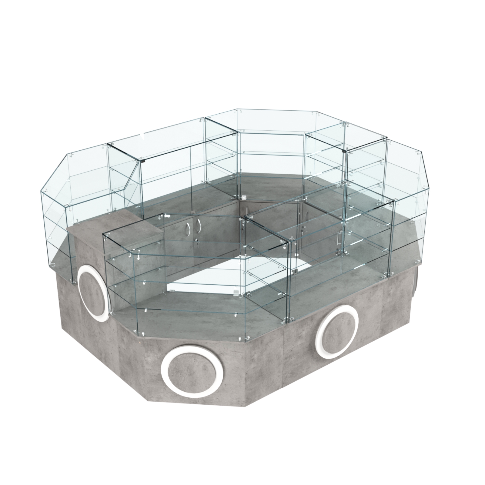 Торговый прямоугольный островок с низким накопителем и накладками серии КРУГ №1 (6,24 кв.м) Бетон Чикаго светло-серый F186 ST9