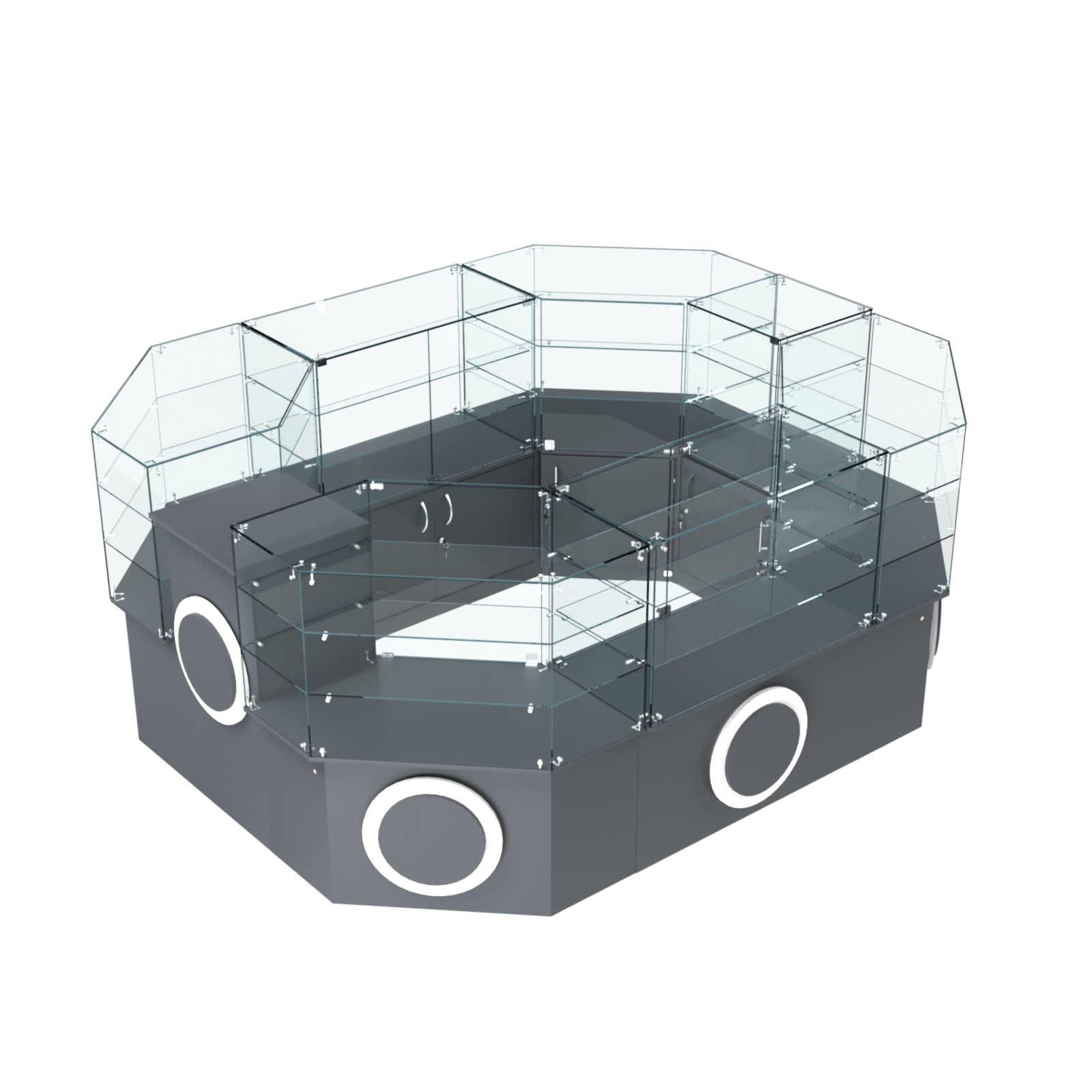 Торговый прямоугольный островок с низким накопителем и накладками серии КРУГ №1 (6,24 кв.м) Темно-Серый