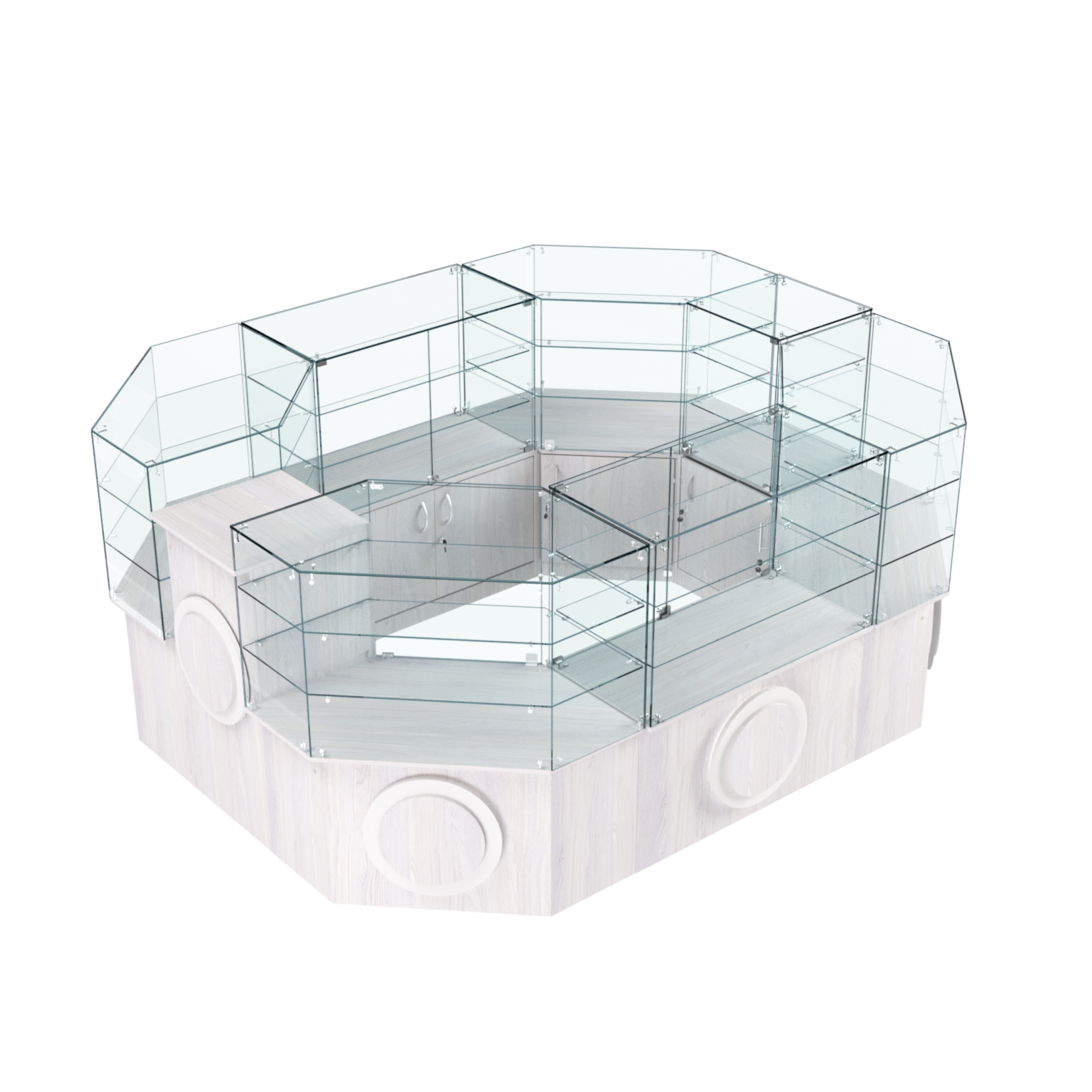 Торговый прямоугольный островок с низким накопителем и накладками серии КРУГ №1 (6,24 кв.м) Ясень Анкор светлый