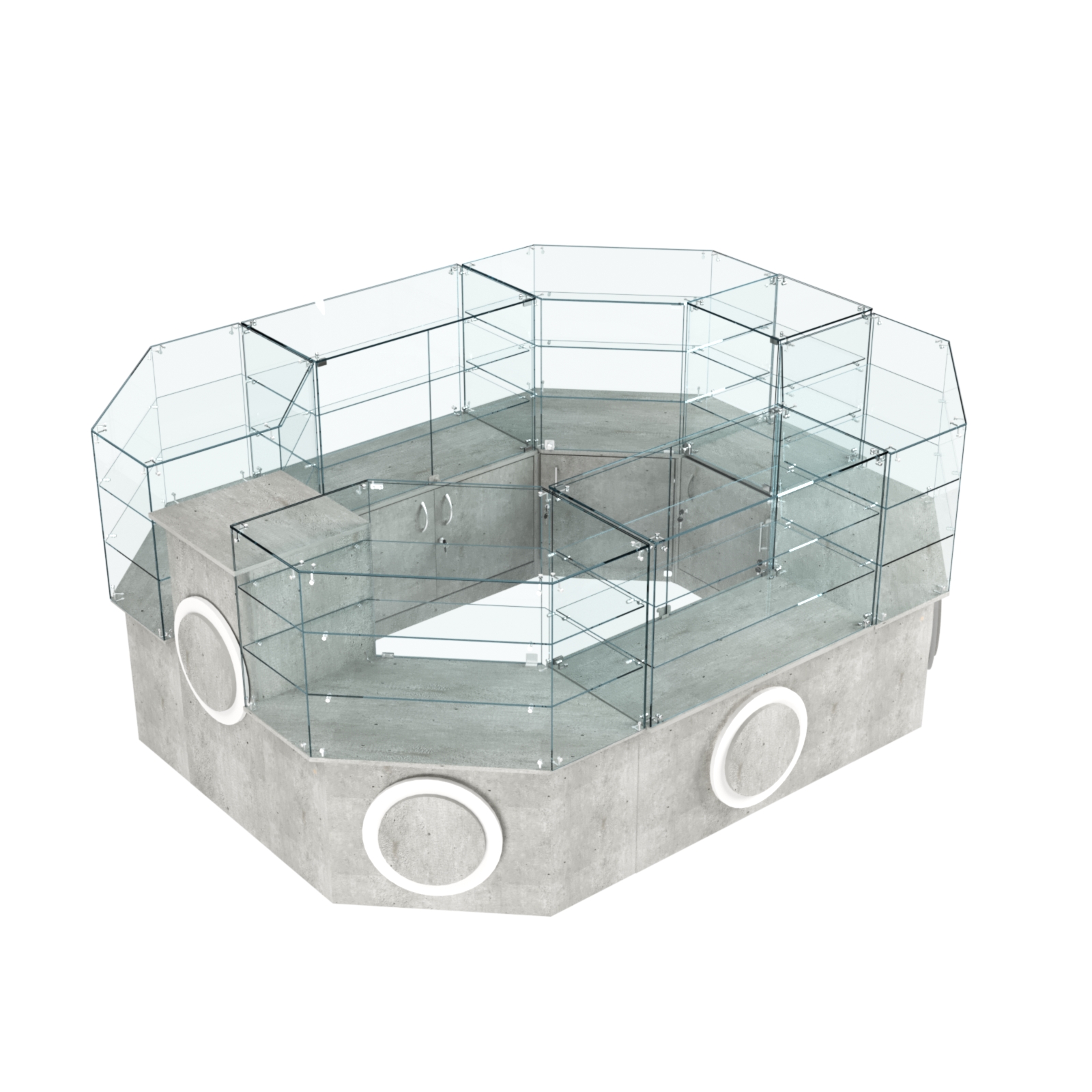 Торговый прямоугольный островок с низким накопителем и накладками серии КРУГ №1 (6,24 кв.м) Метрополитан Грей