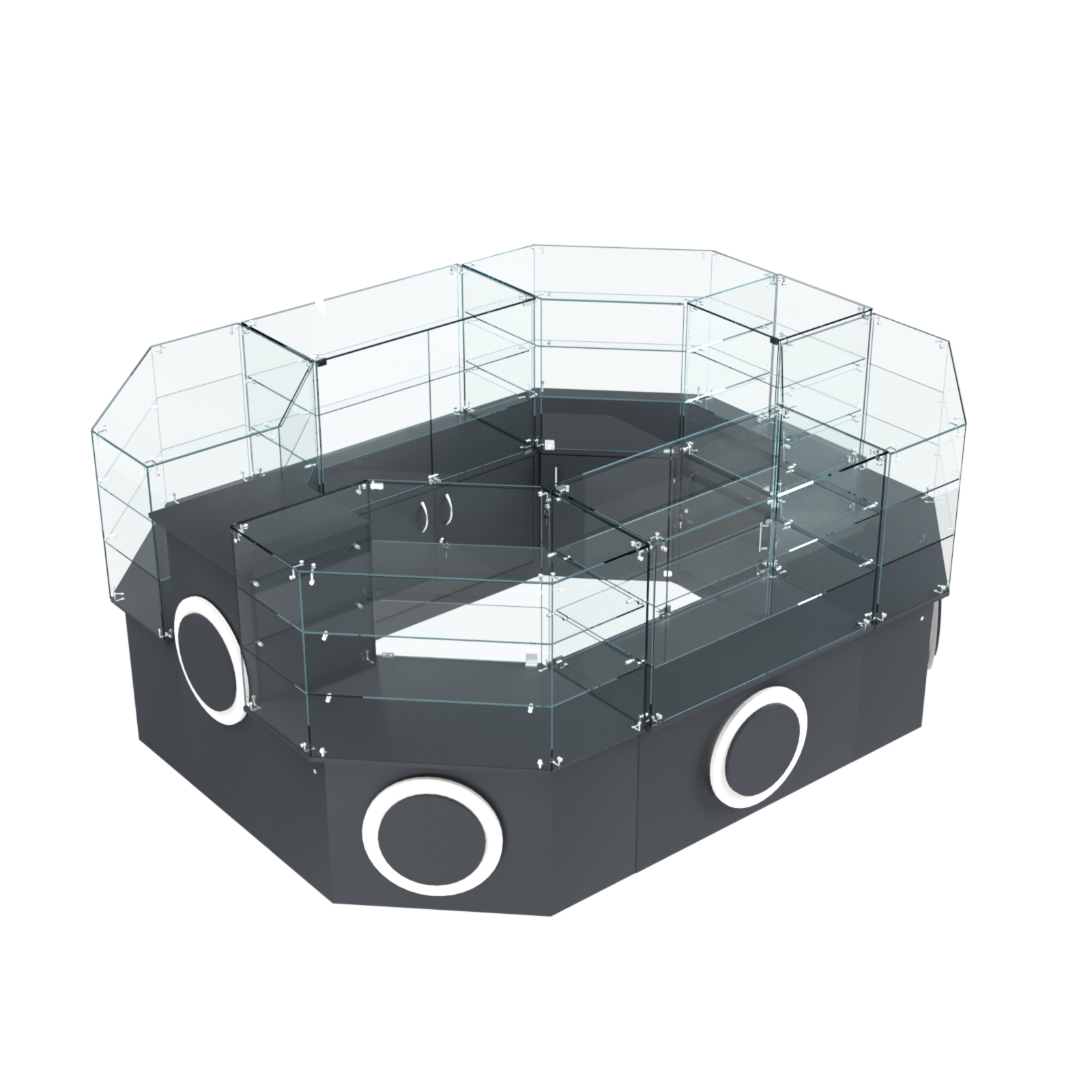 Торговый прямоугольный островок с низким накопителем и накладками серии КРУГ №1 (6,24 кв.м) Антрацит