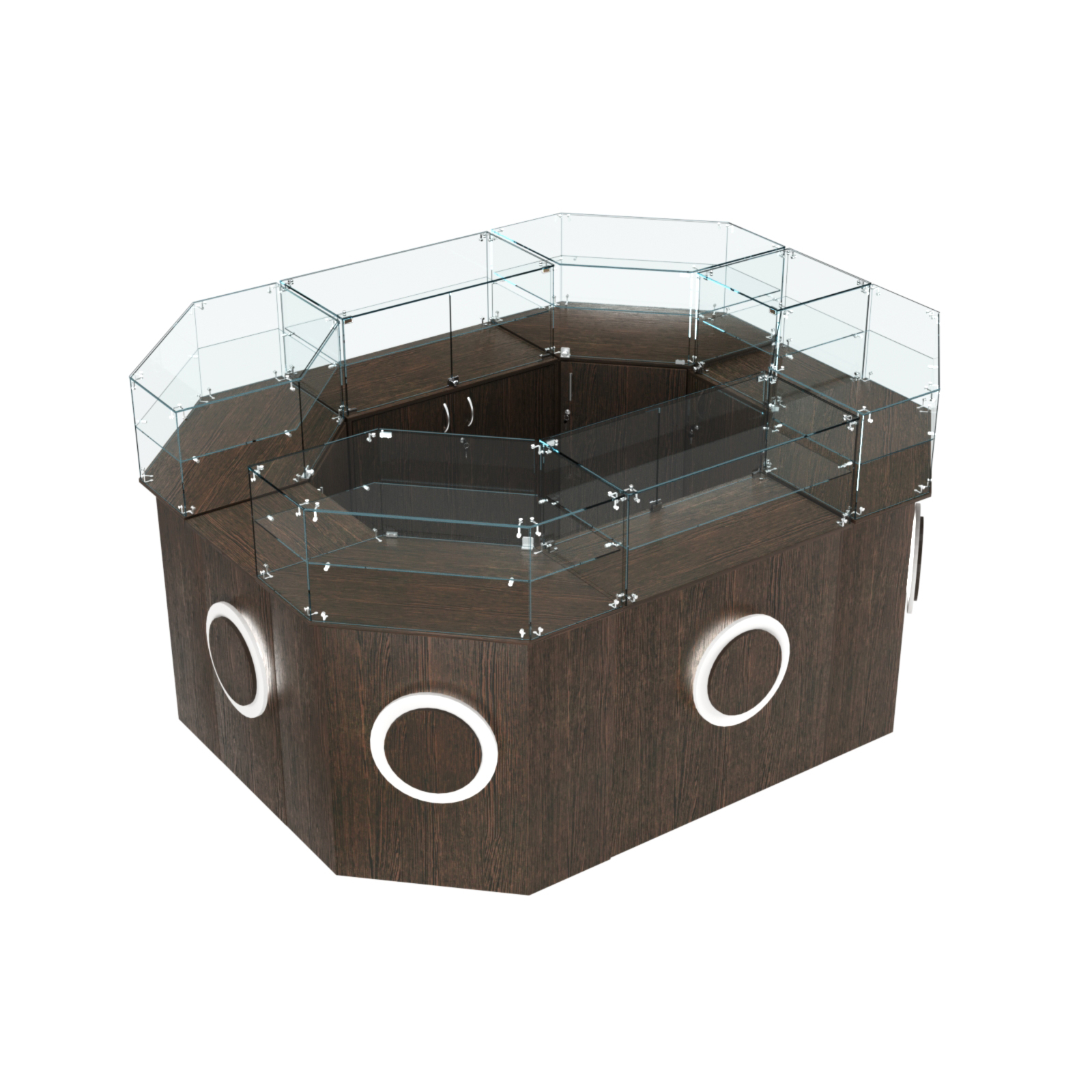 Торговый прямоугольный островок с высоким накопителем и накладками серии КРУГ №4 (6,24 кв.м) Дуб Венге