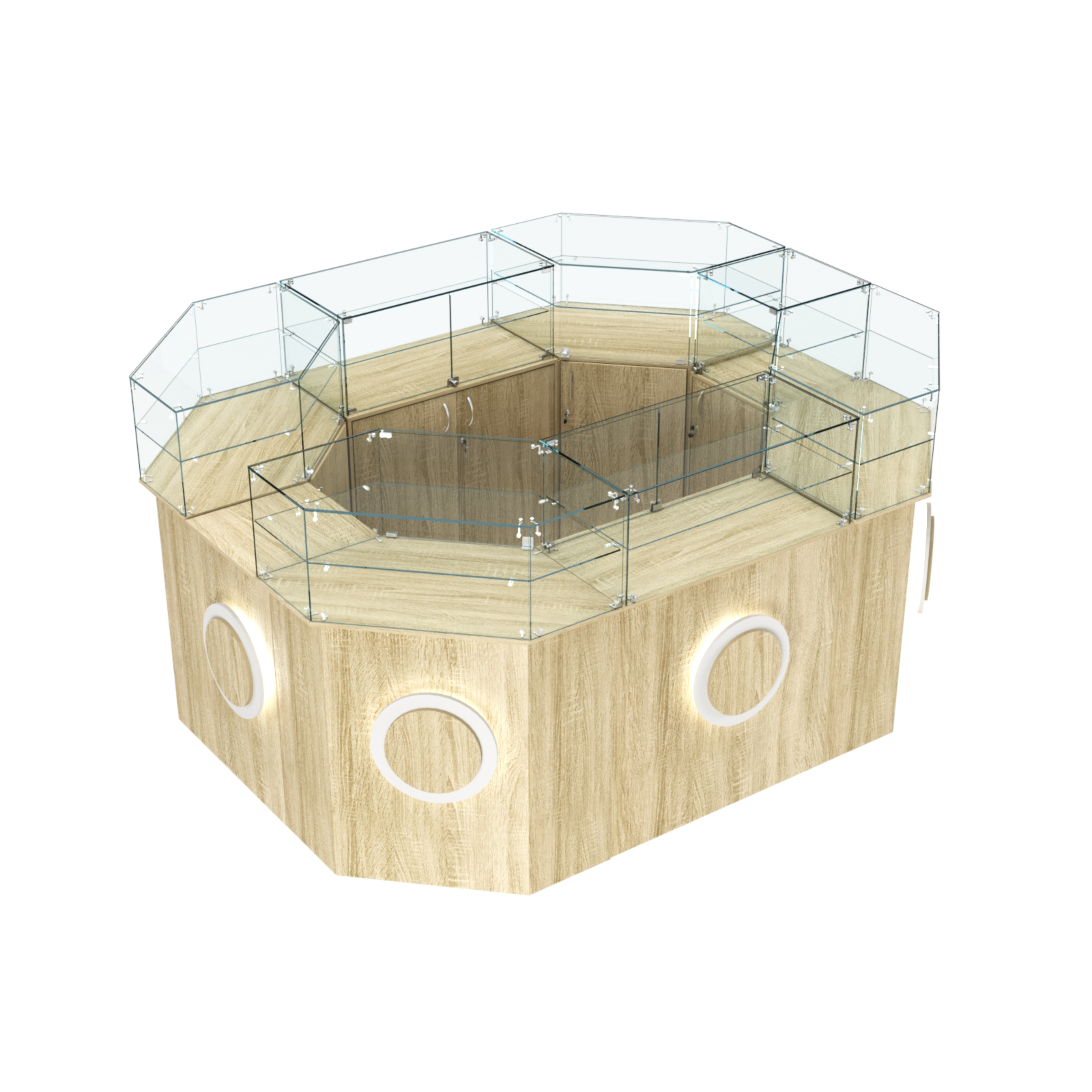 Торговый прямоугольный островок с высоким накопителем и накладками серии КРУГ №4 (6,24 кв.м) Дуб сонома