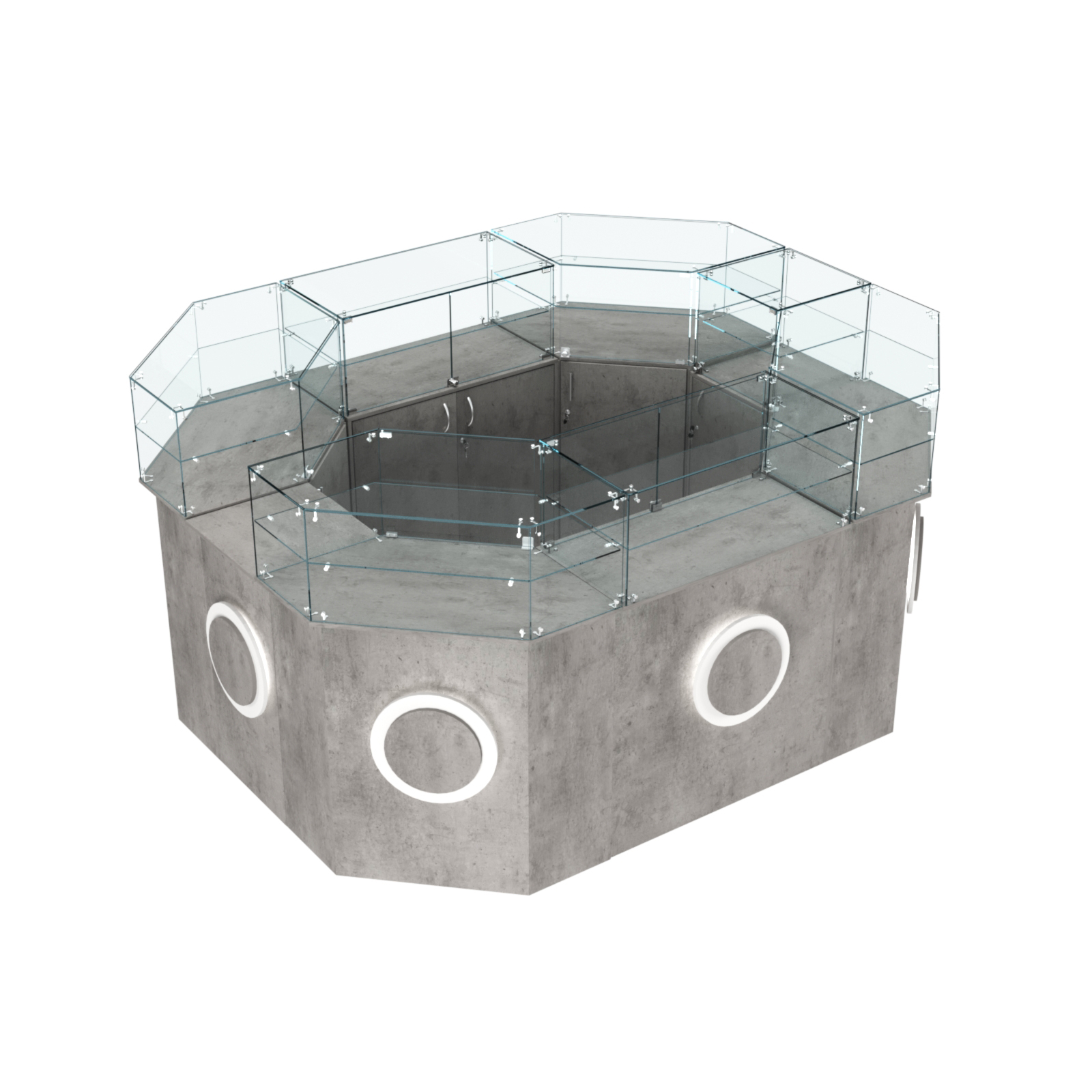 Торговый прямоугольный островок с высоким накопителем и накладками серии КРУГ №4 (6,24 кв.м) Бетон Чикаго светло-серый F186 ST9