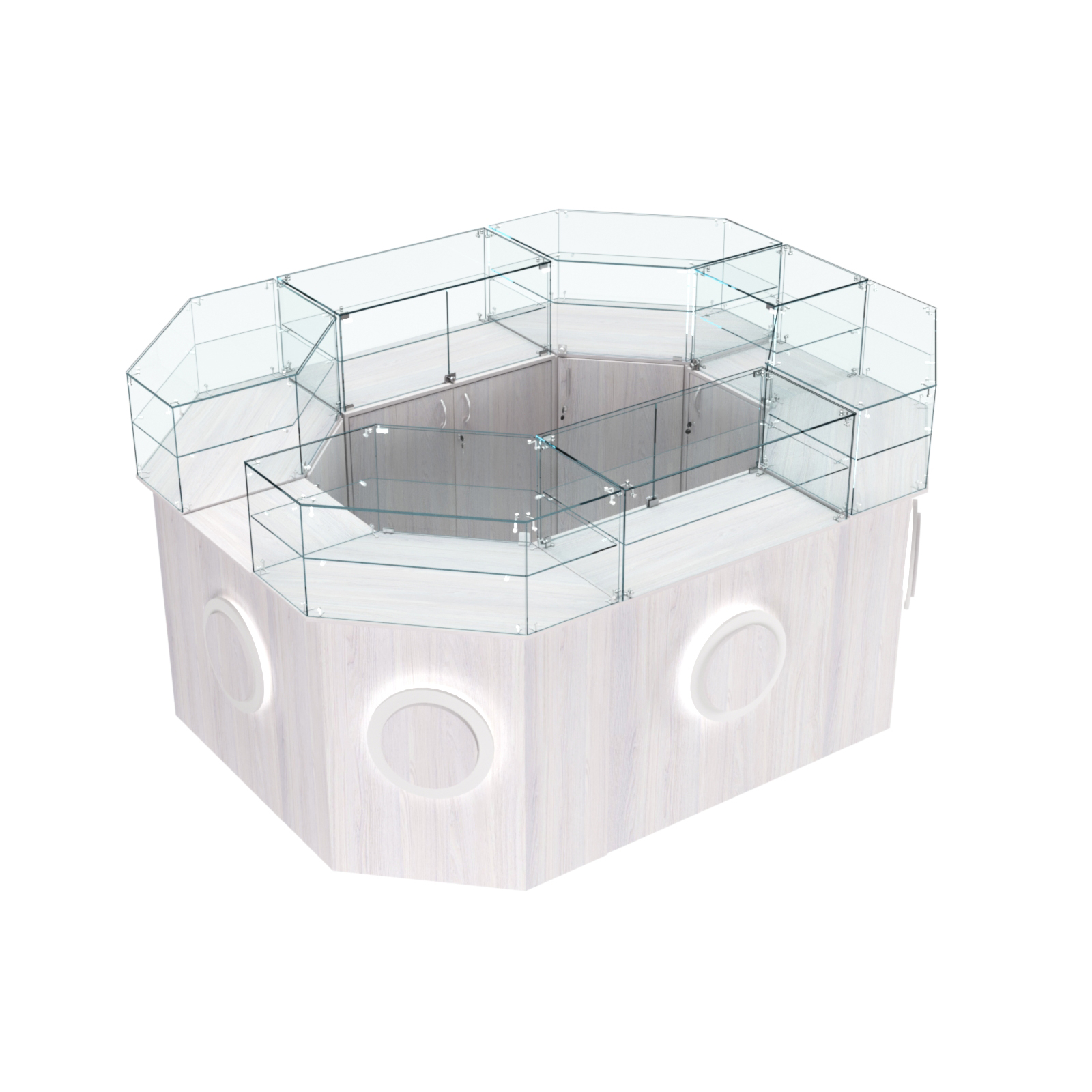 Торговый прямоугольный островок с высоким накопителем и накладками серии КРУГ №4 (6,24 кв.м) Ясень Анкор светлый