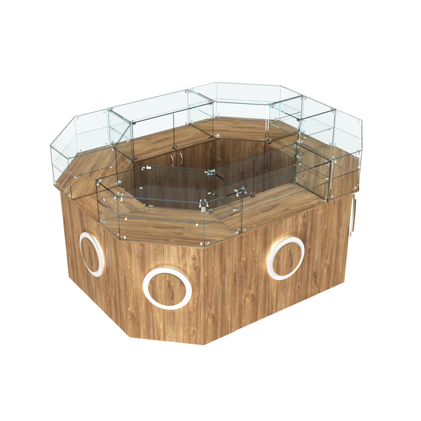 Торговый прямоугольный островок с высоким накопителем и накладками серии КРУГ №4 (6,24 кв.м) Дуб Канзас коричневый