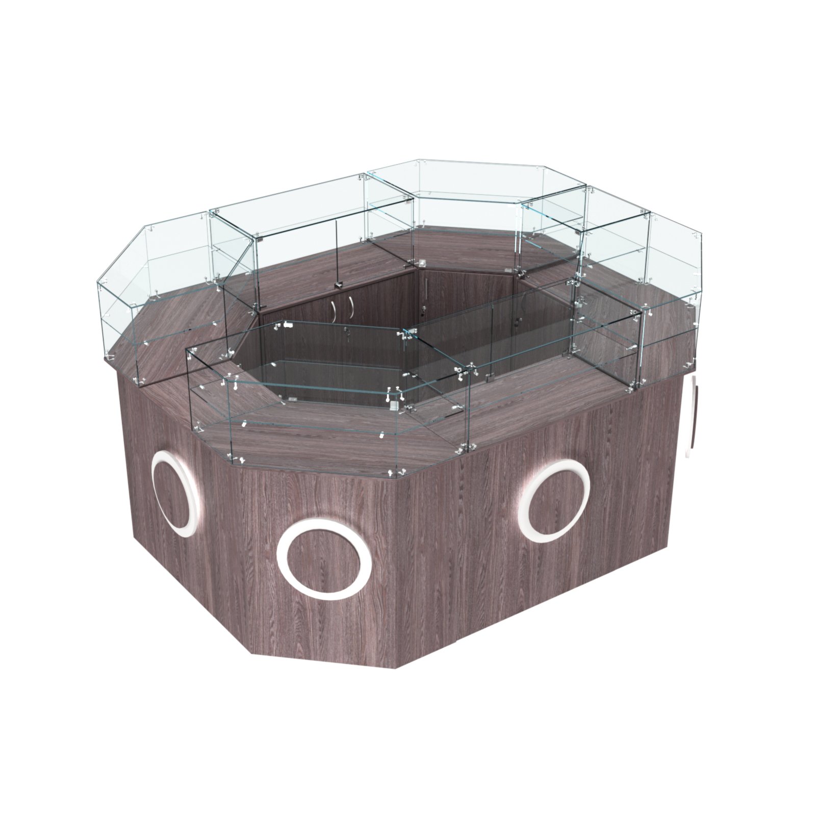 Торговый прямоугольный островок с высоким накопителем и накладками серии КРУГ №4 (6,24 кв.м) Ясень Анкор темный