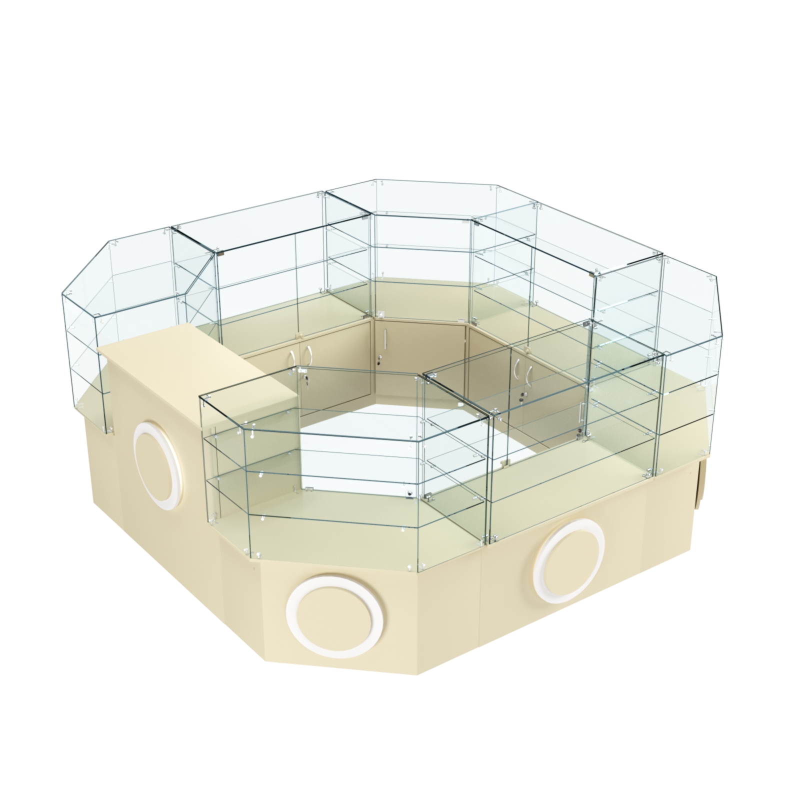 Торговый стеклянный островок с накладками серии КРУГ №2 (7,62 кв.м) Крем Вайс