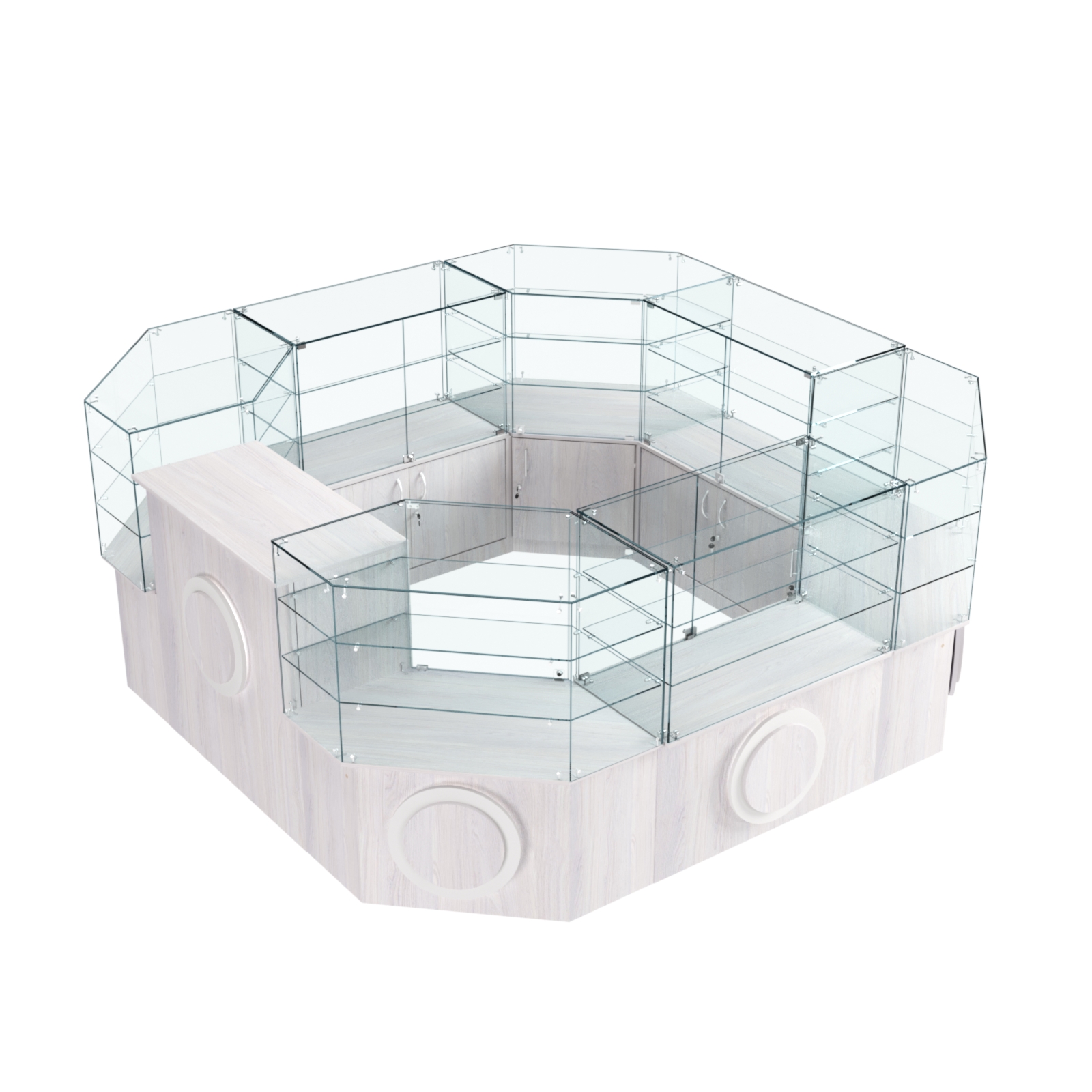 Торговый стеклянный островок с накладками серии КРУГ №2 (7,62 кв.м) Ясень Анкор светлый