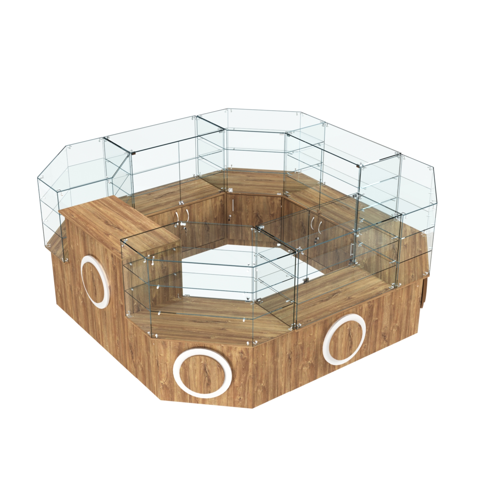 Торговый стеклянный островок с накладками серии КРУГ №2 (7,62 кв.м) Дуб Канзас коричневый