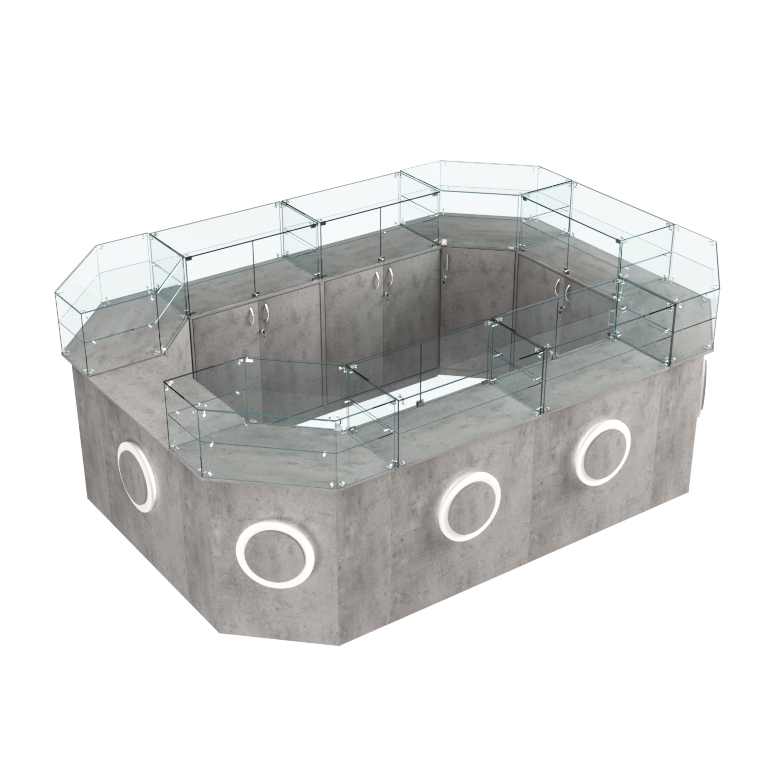 Торговый островок с прозрачным верхом и накладками серии КРУГ №6 (10,38 кв.м) Бетон Чикаго светло-серый F186 ST9