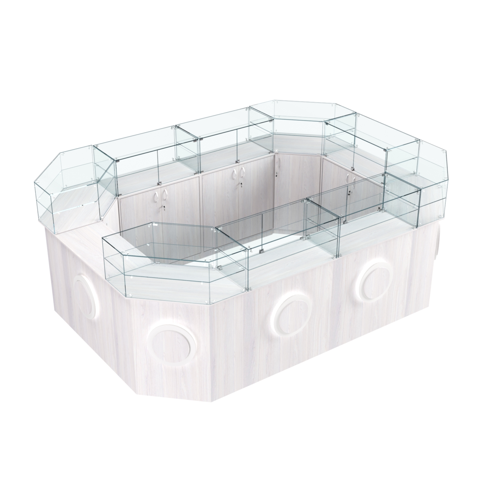 Торговый островок с прозрачным верхом и накладками серии КРУГ №6 (10,38 кв.м) Ясень Анкор светлый