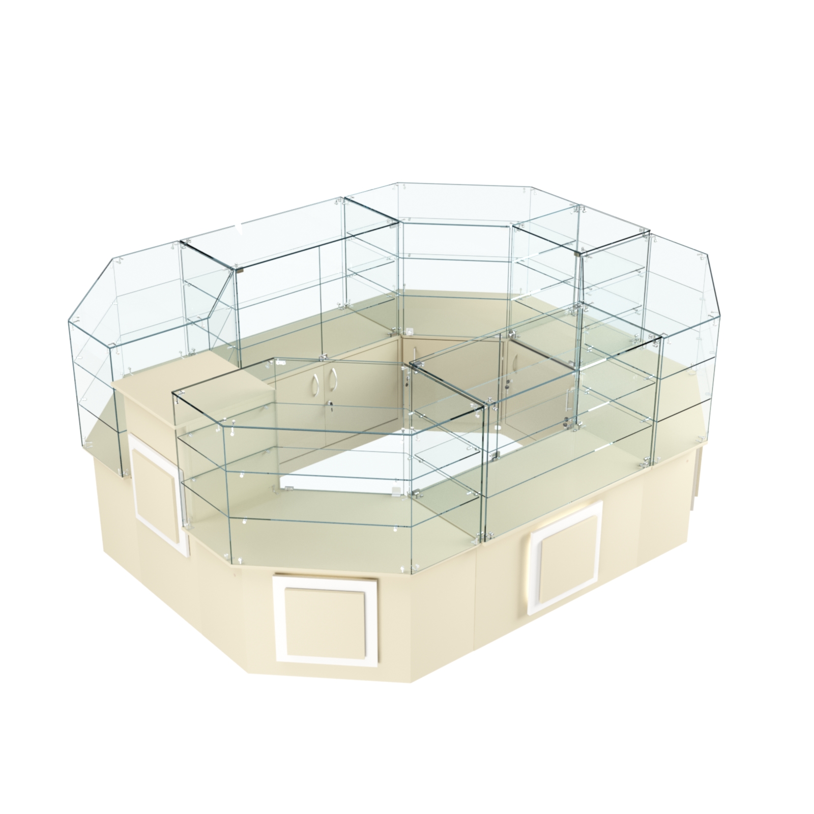 Торговый прямоугольный островок с низким накопителем и накладками серии КВАДРАТ №1 (6,24 кв.м) Крем Вайс