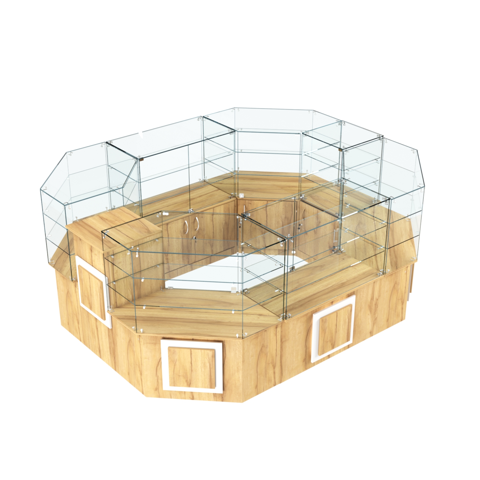 Торговый прямоугольный островок с низким накопителем и накладками серии КВАДРАТ №1 (6,24 кв.м) Дуб Золотистый