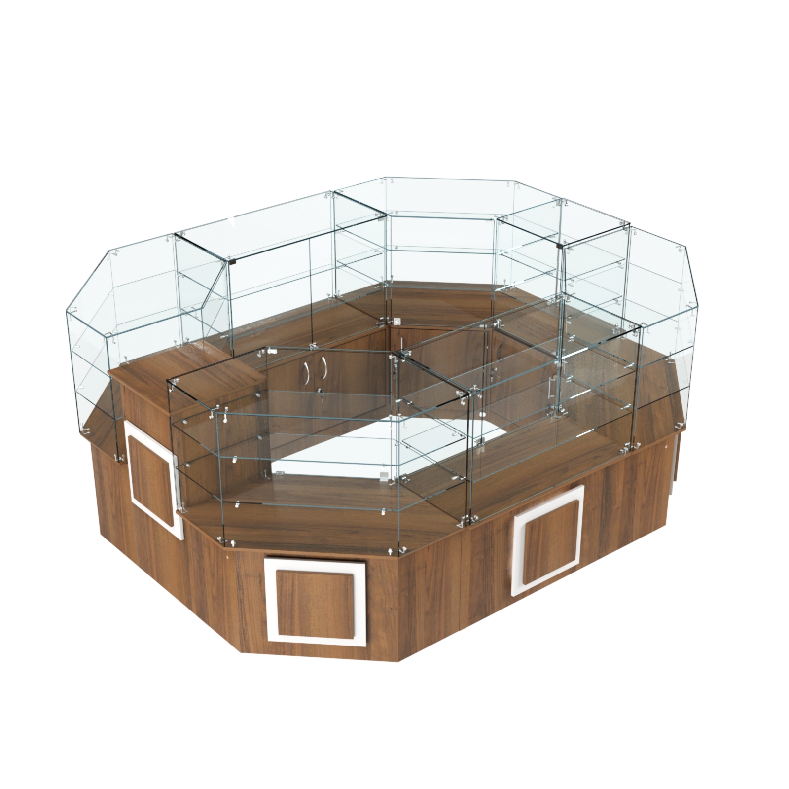 Торговый прямоугольный островок с низким накопителем и накладками серии КВАДРАТ №1 (6,24 кв.м) Орех