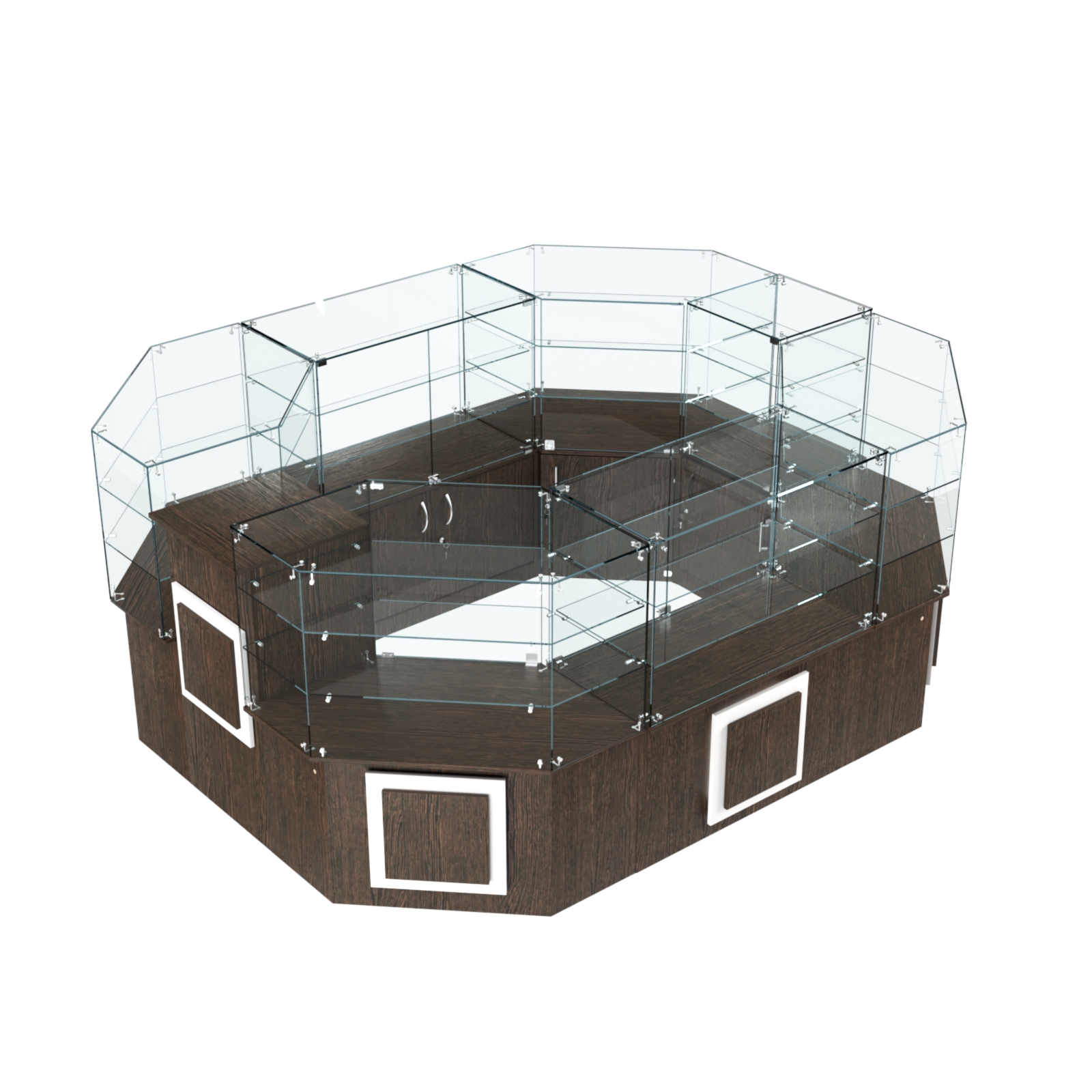 Торговый прямоугольный островок с низким накопителем и накладками серии КВАДРАТ №1 (6,24 кв.м) Дуб Венге