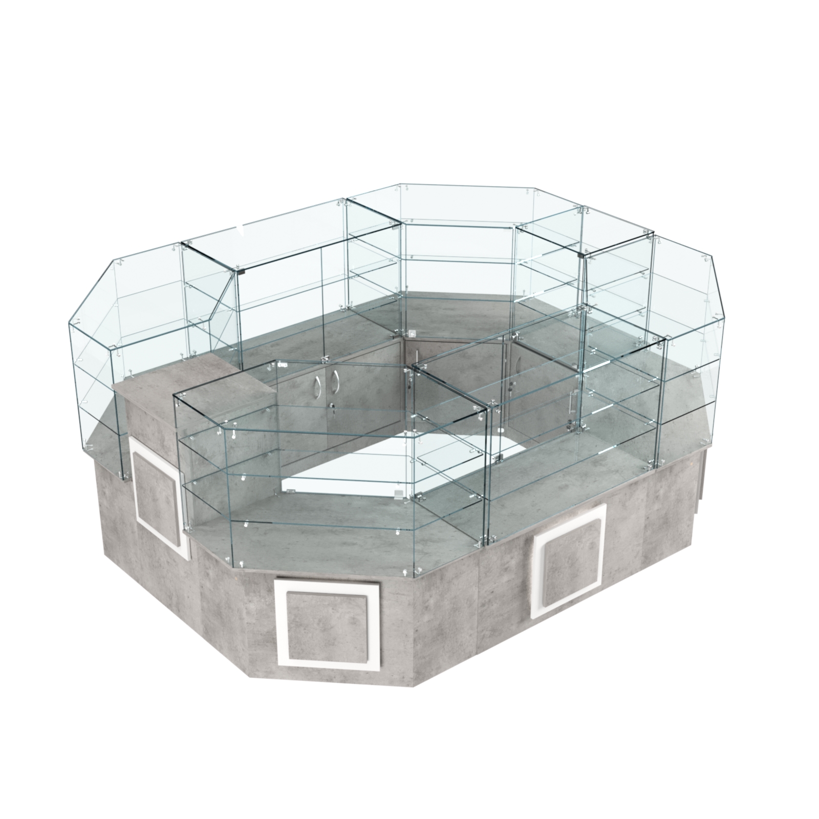 Торговый прямоугольный островок с низким накопителем и накладками серии КВАДРАТ №1 (6,24 кв.м) Бетон Чикаго светло-серый F186 ST9