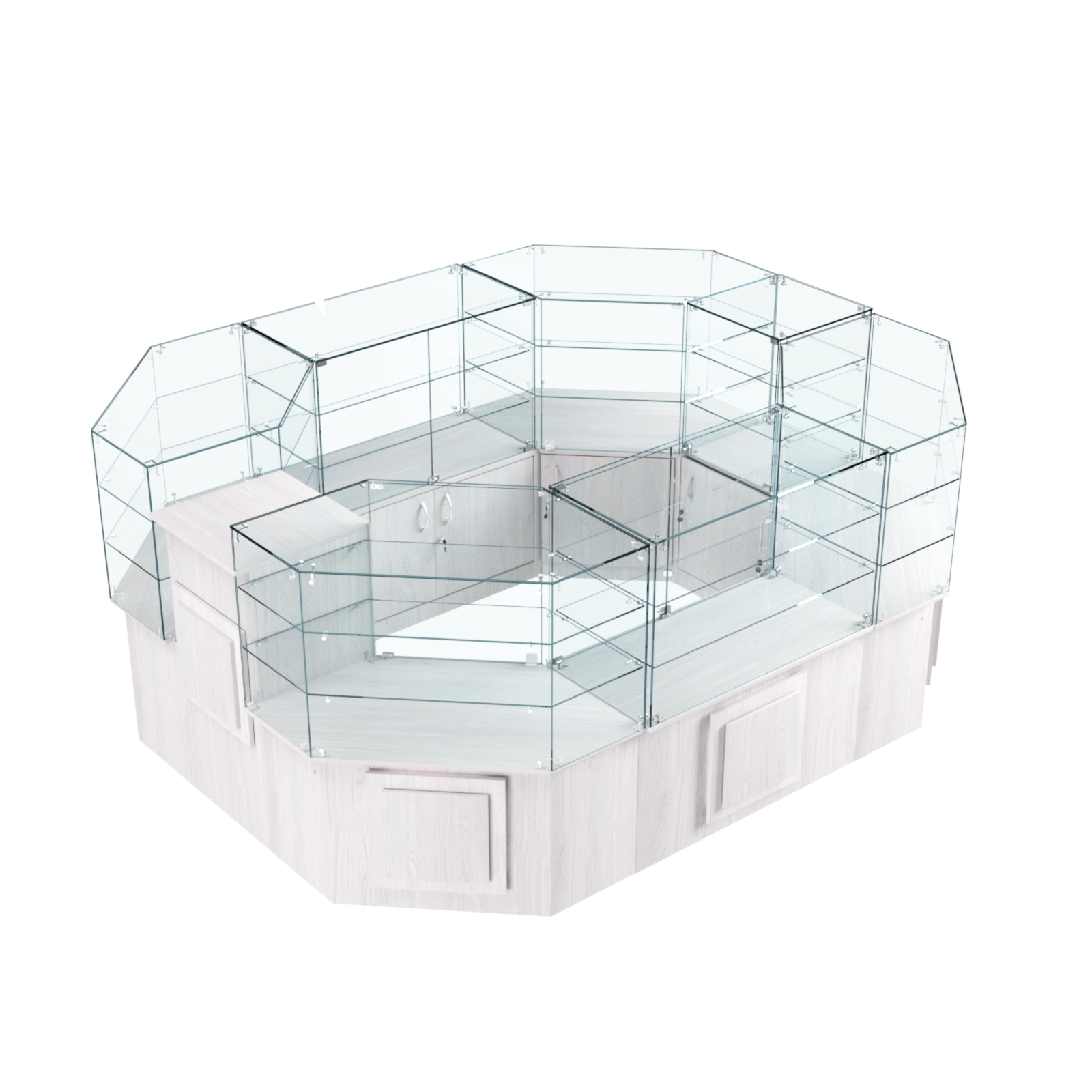 Торговый прямоугольный островок с низким накопителем и накладками серии КВАДРАТ №1 (6,24 кв.м) Ясень Анкор светлый