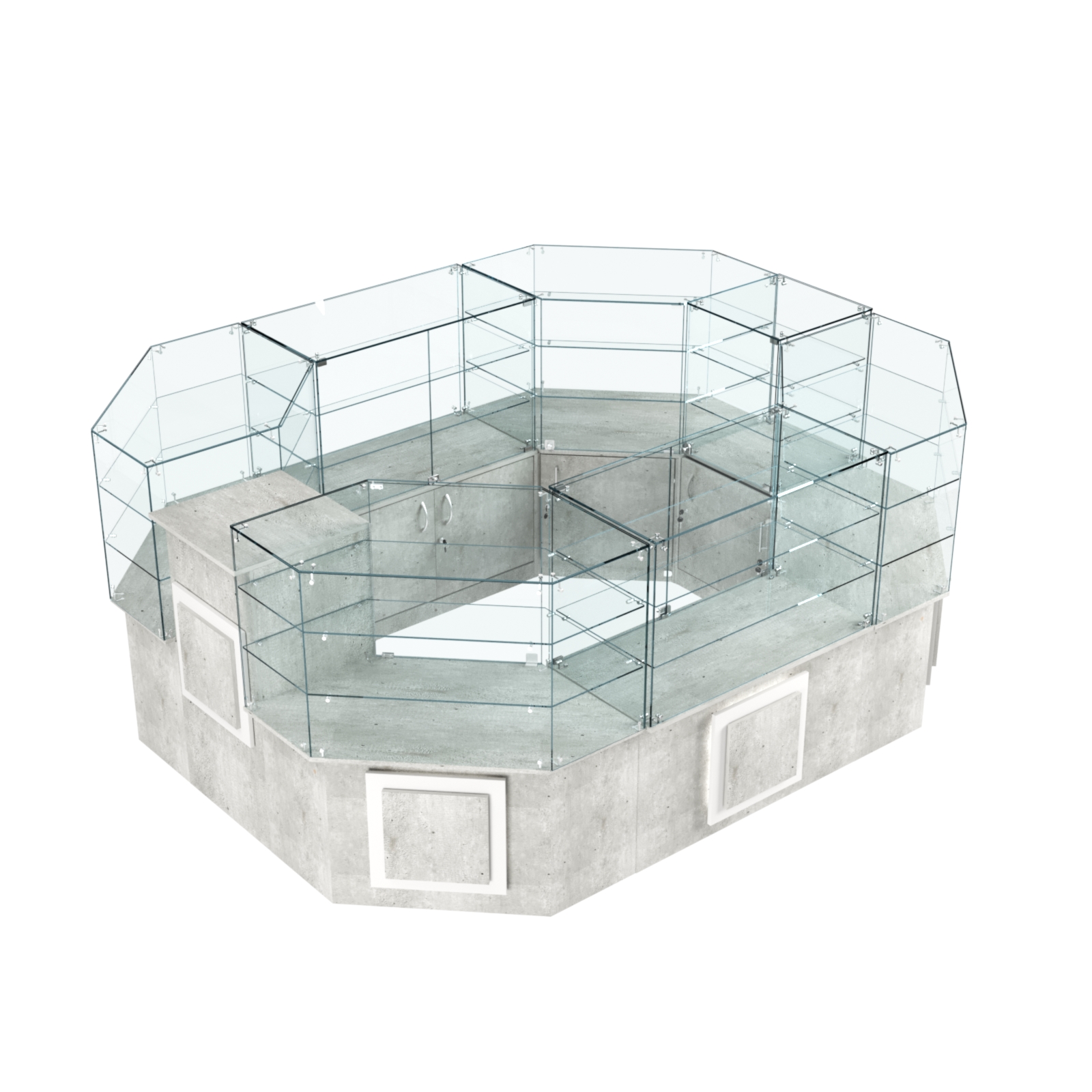 Торговый прямоугольный островок с низким накопителем и накладками серии КВАДРАТ №1 (6,24 кв.м) Метрополитан Грей