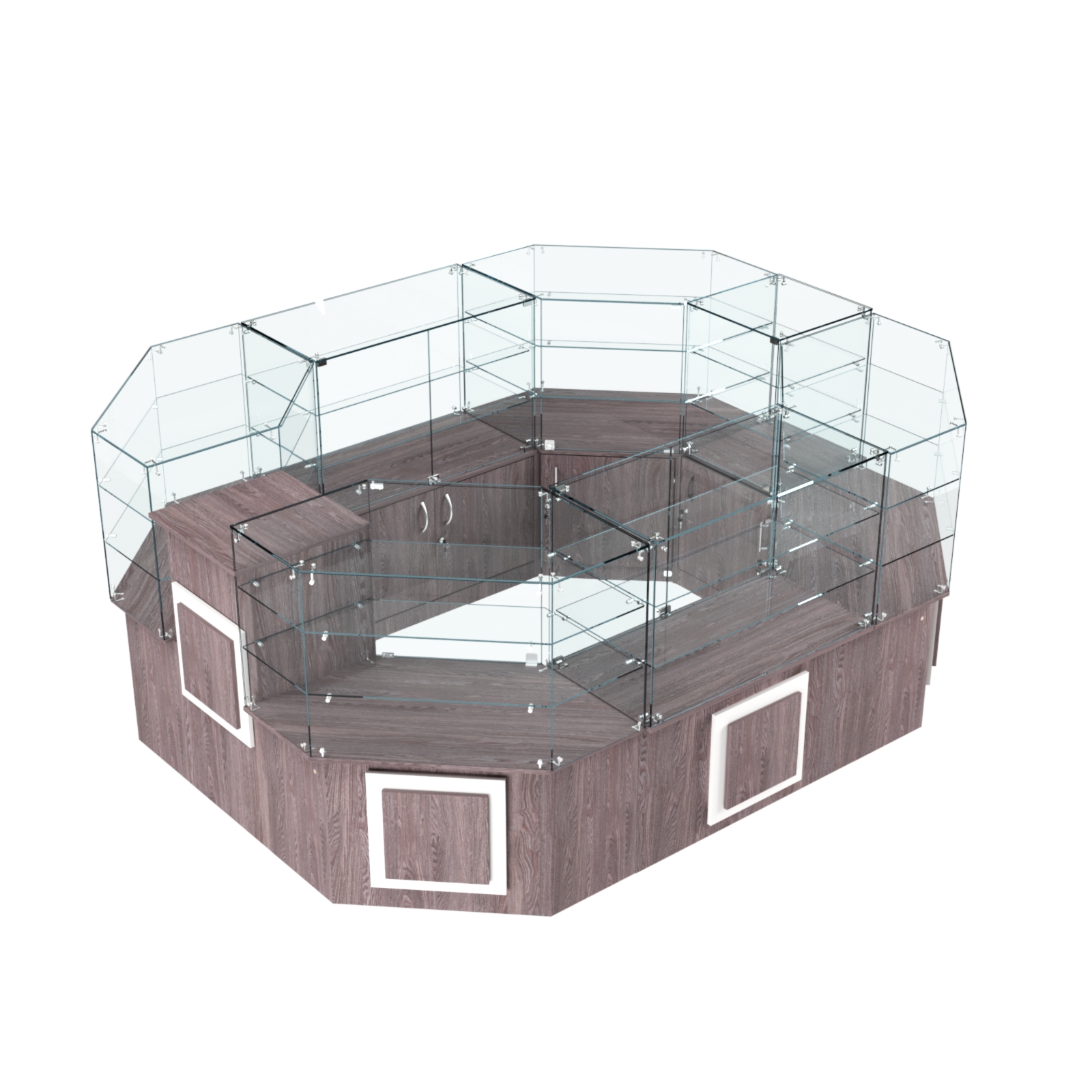 Торговый прямоугольный островок с низким накопителем и накладками серии КВАДРАТ №1 (6,24 кв.м) Ясень Анкор темный