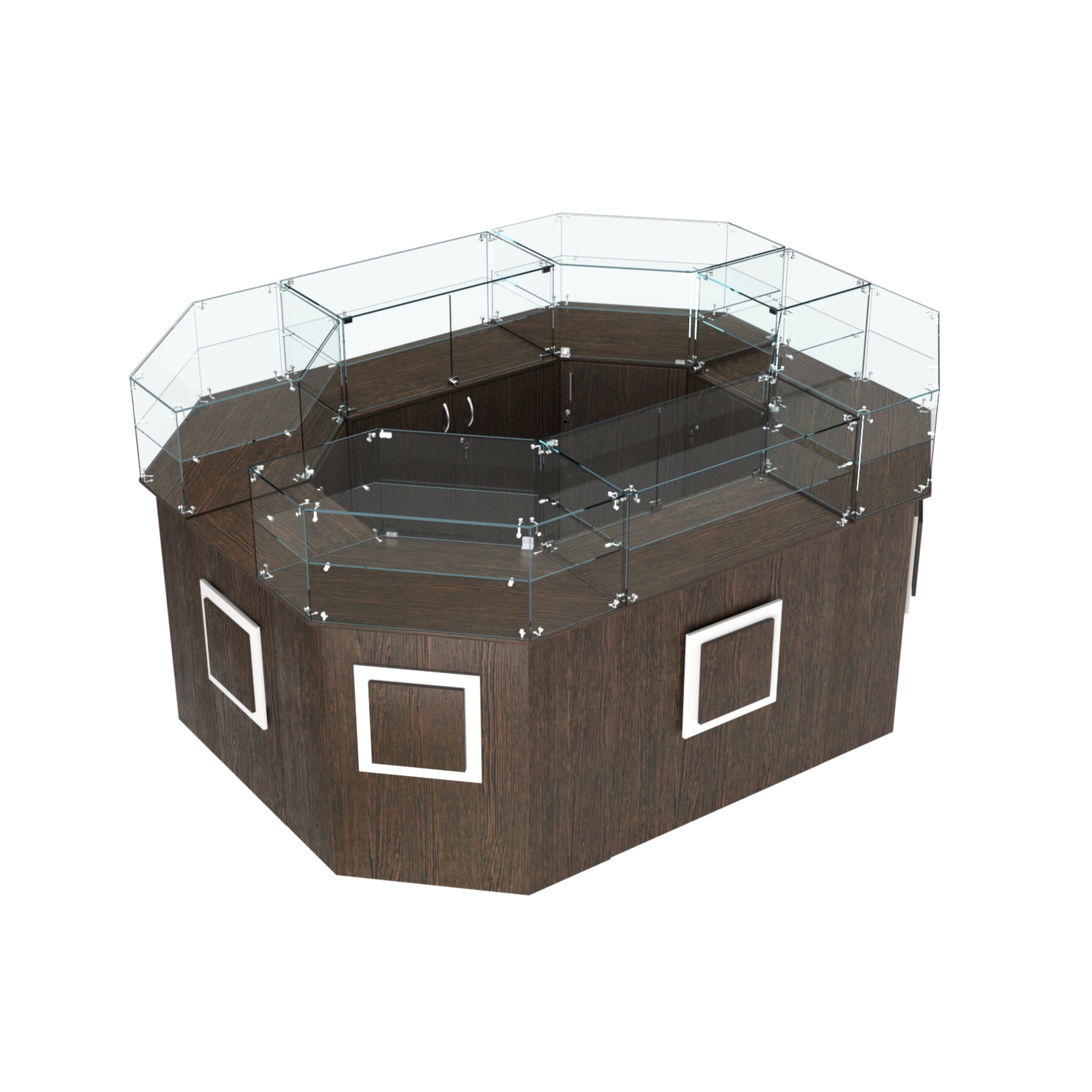 Торговый прямоугольный островок с высоким накопителем и накладками серии КВАДРАТ №4 (6,24 кв.м) Дуб Венге