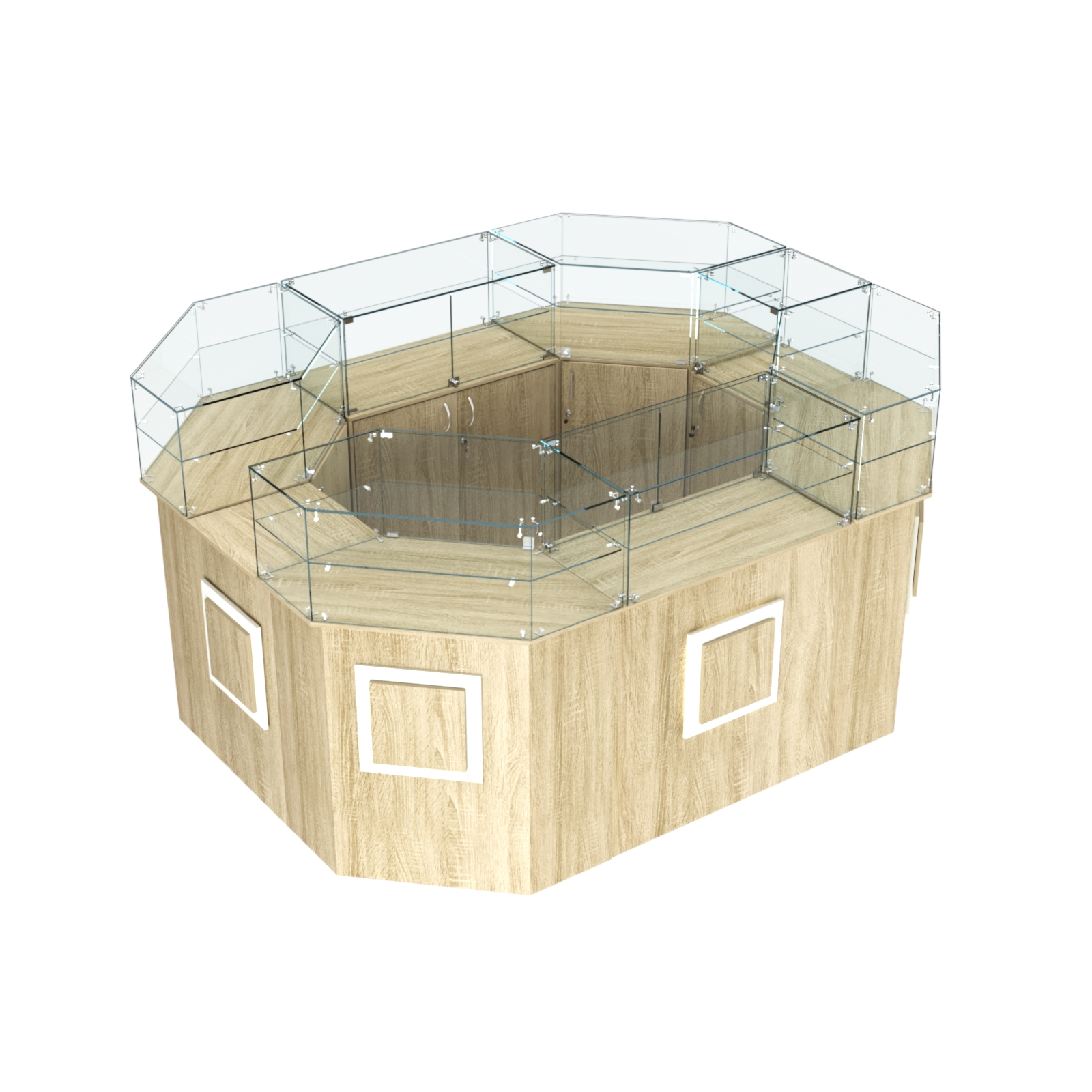 Торговый прямоугольный островок с высоким накопителем и накладками серии КВАДРАТ №4 (6,24 кв.м) Дуб сонома