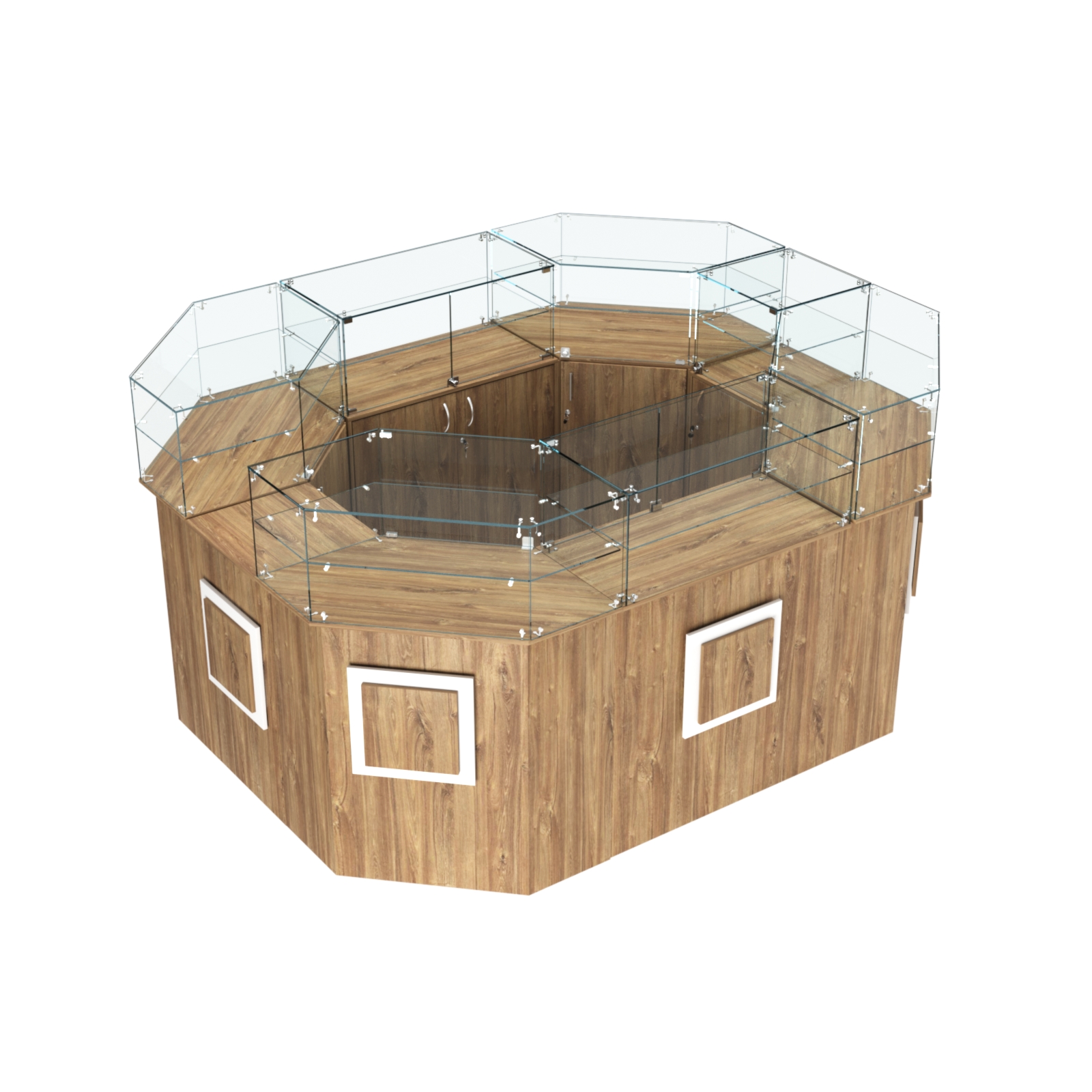 Торговый прямоугольный островок с высоким накопителем и накладками серии КВАДРАТ №4 (6,24 кв.м) Дуб Канзас коричневый