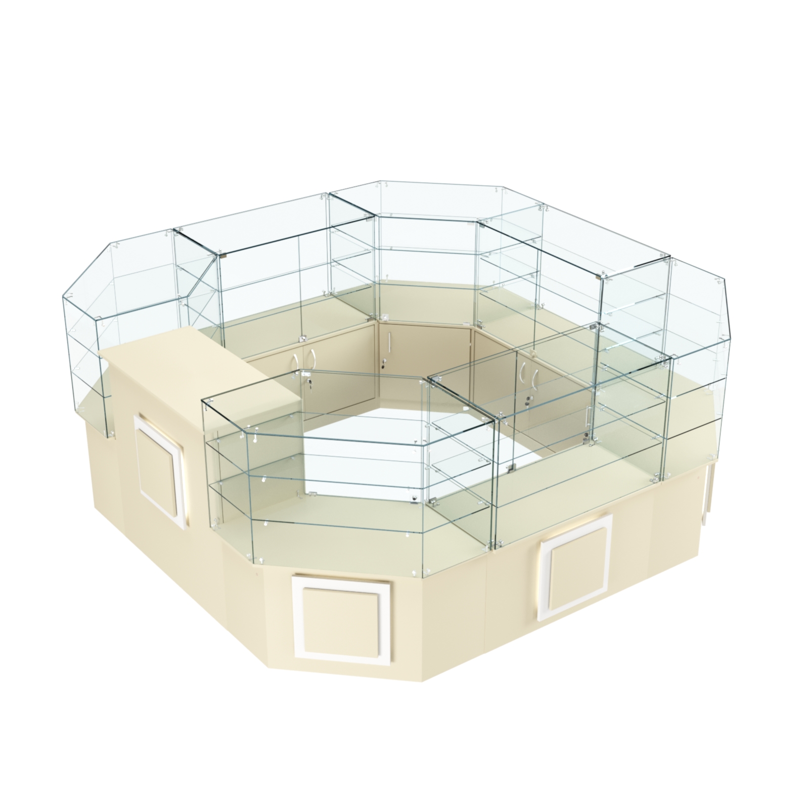 Торговый стеклянный островок с накладками серии КВАДРАТ №2 (7,62 кв.м) Крем Вайс