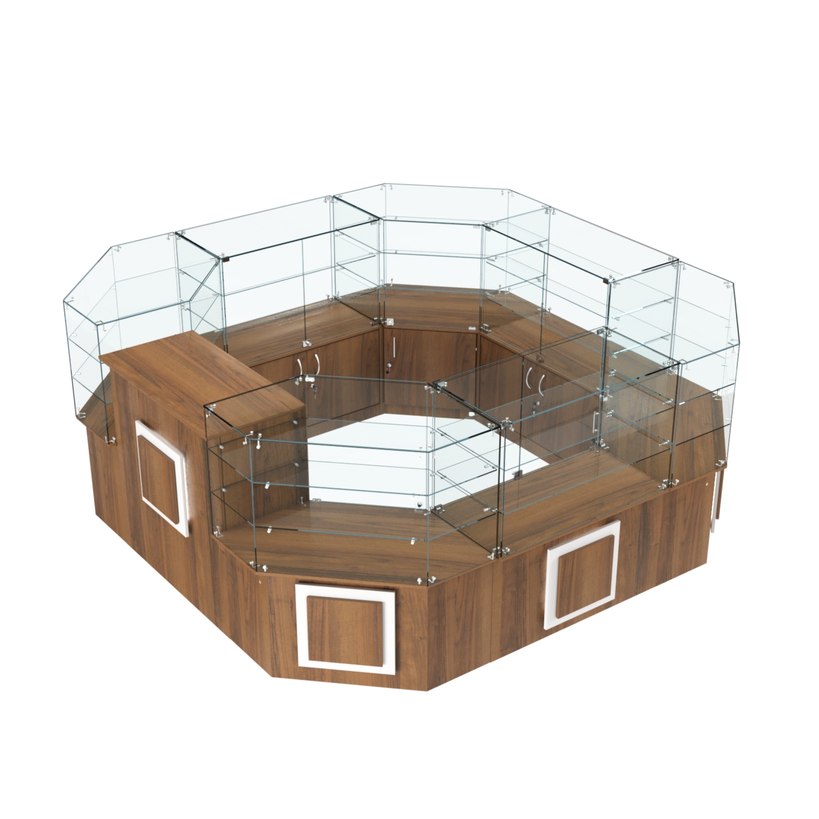 Торговый стеклянный островок с накладками серии КВАДРАТ №2 (7,62 кв.м) Орех