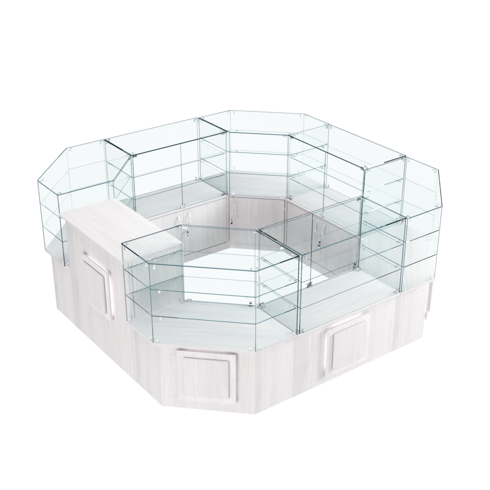 Торговый стеклянный островок с накладками серии КВАДРАТ №2 (7,62 кв.м) Ясень Анкор светлый