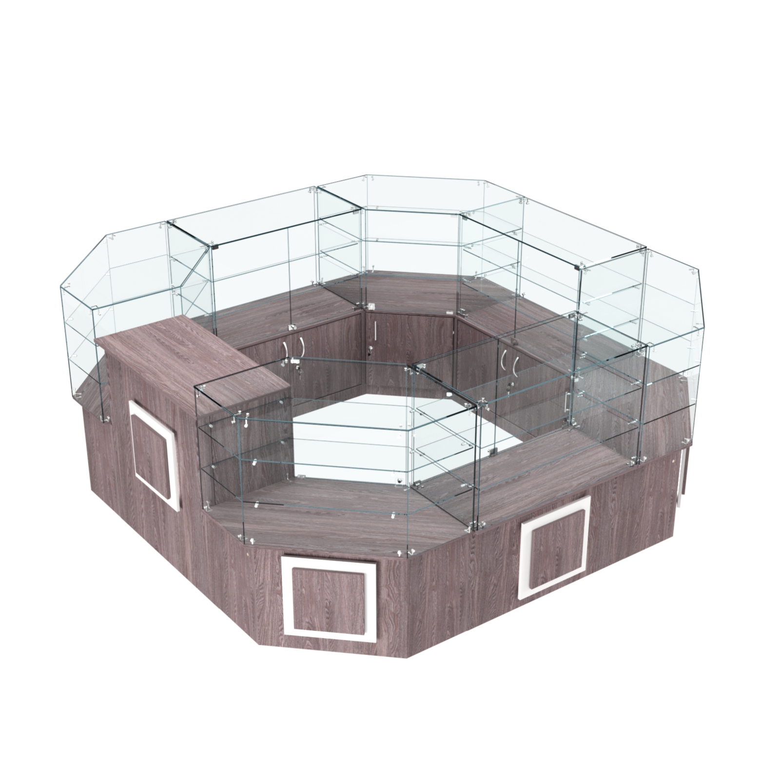 Торговый стеклянный островок с накладками серии КВАДРАТ №2 (7,62 кв.м) Ясень Анкор темный