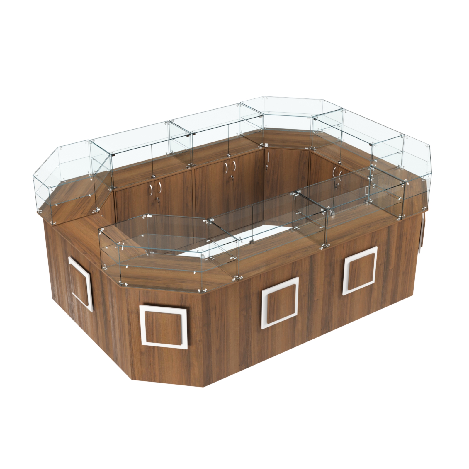 Торговый островок с прозрачным верхом и накладками серии КВАДРАТ №6 (10,38 кв.м) Орех