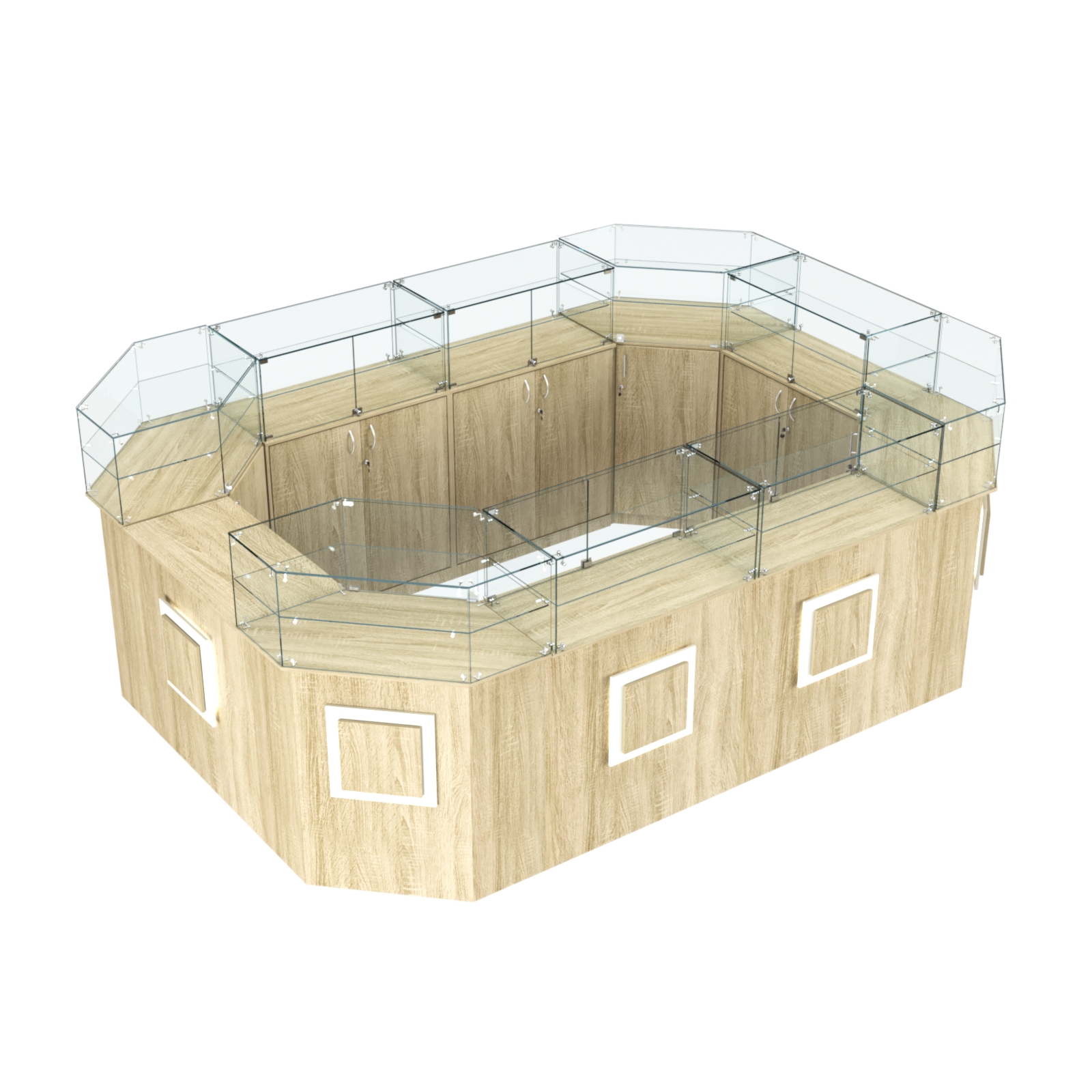 Торговый островок с прозрачным верхом и накладками серии КВАДРАТ №6 (10,38 кв.м) Дуб сонома