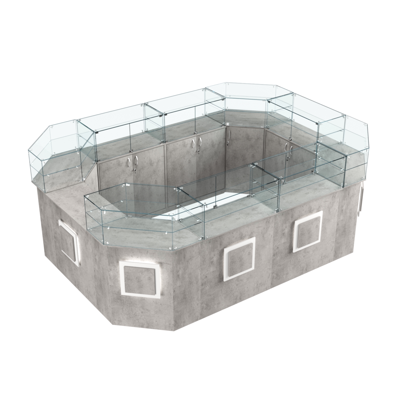 Торговый островок с прозрачным верхом и накладками серии КВАДРАТ №6 (10,38 кв.м) Бетон Чикаго светло-серый F186 ST9