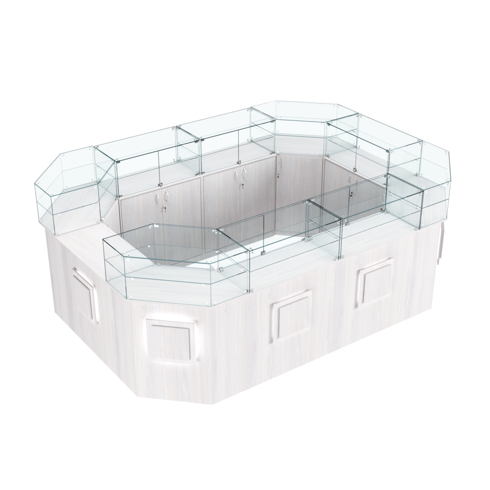 Торговый островок с прозрачным верхом и накладками серии КВАДРАТ №6 (10,38 кв.м) Ясень Анкор светлый