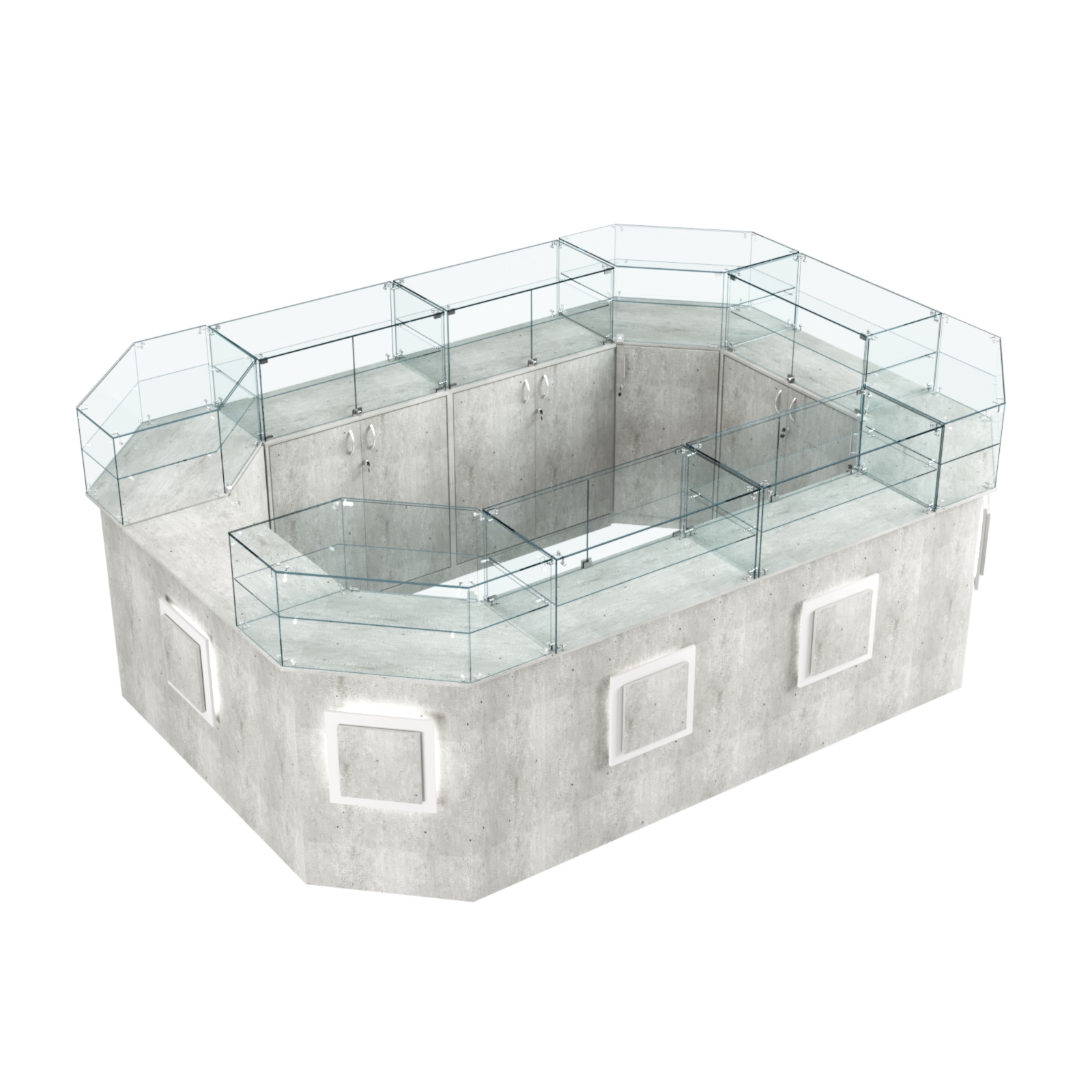 Торговый островок с прозрачным верхом и накладками серии КВАДРАТ №6 (10,38 кв.м) Метрополитан Грей