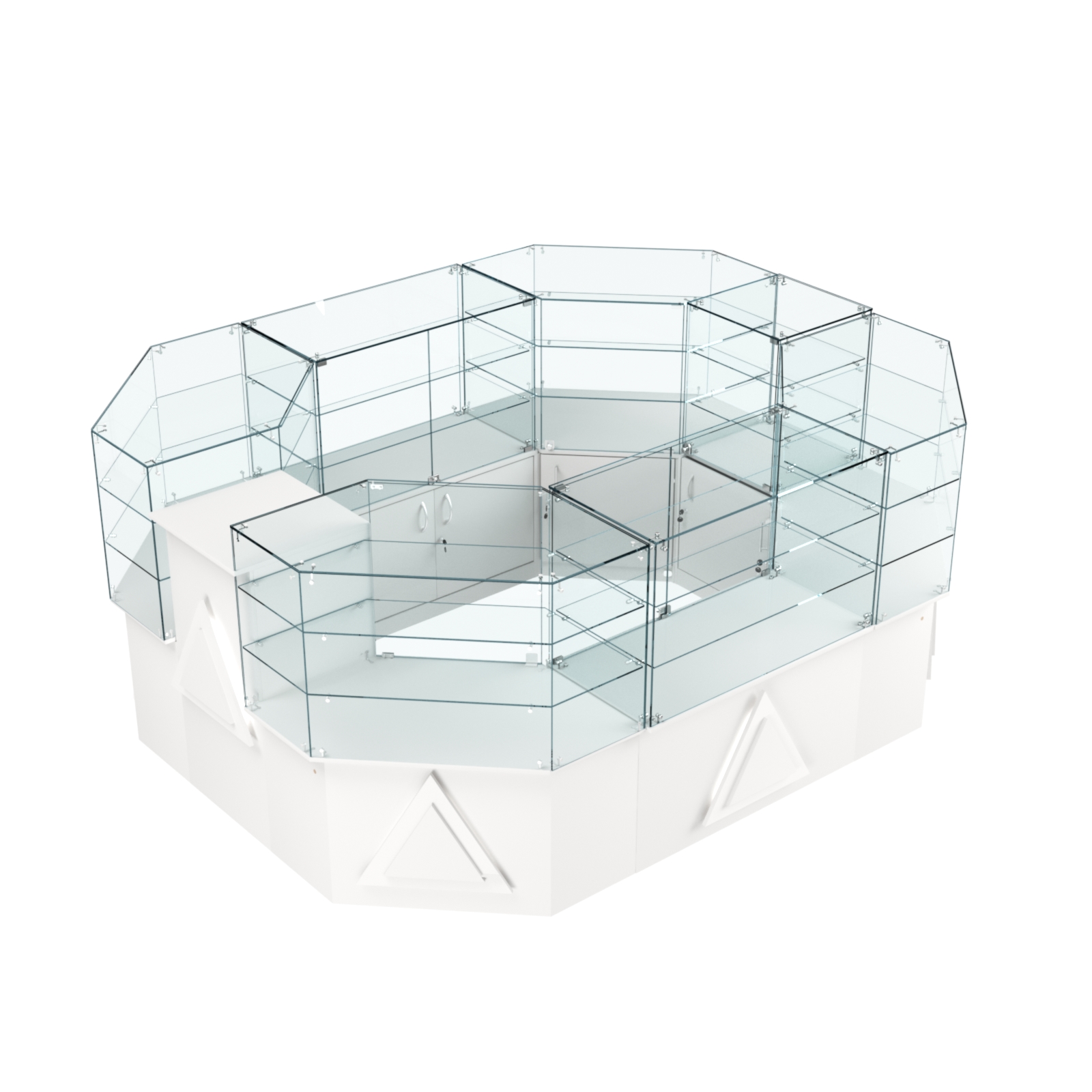 Торговый прямоугольный островок с низким накопителем и накладками серии ТРЕУГОЛЬНИК №1 (6,24 кв.м) Белый