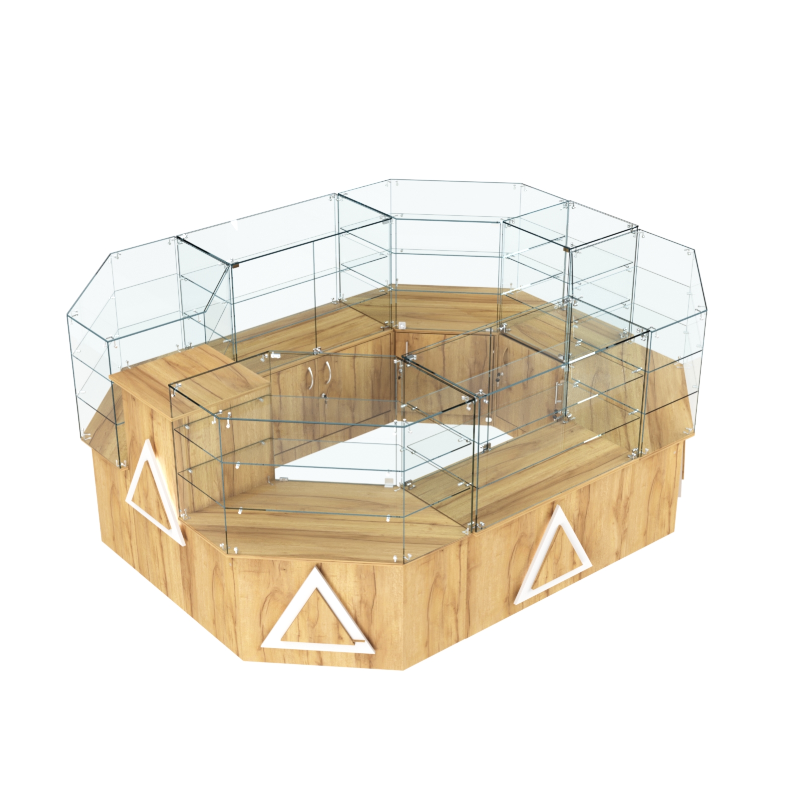 Торговый прямоугольный островок с низким накопителем и накладками серии ТРЕУГОЛЬНИК №1 (6,24 кв.м) Дуб Золотистый