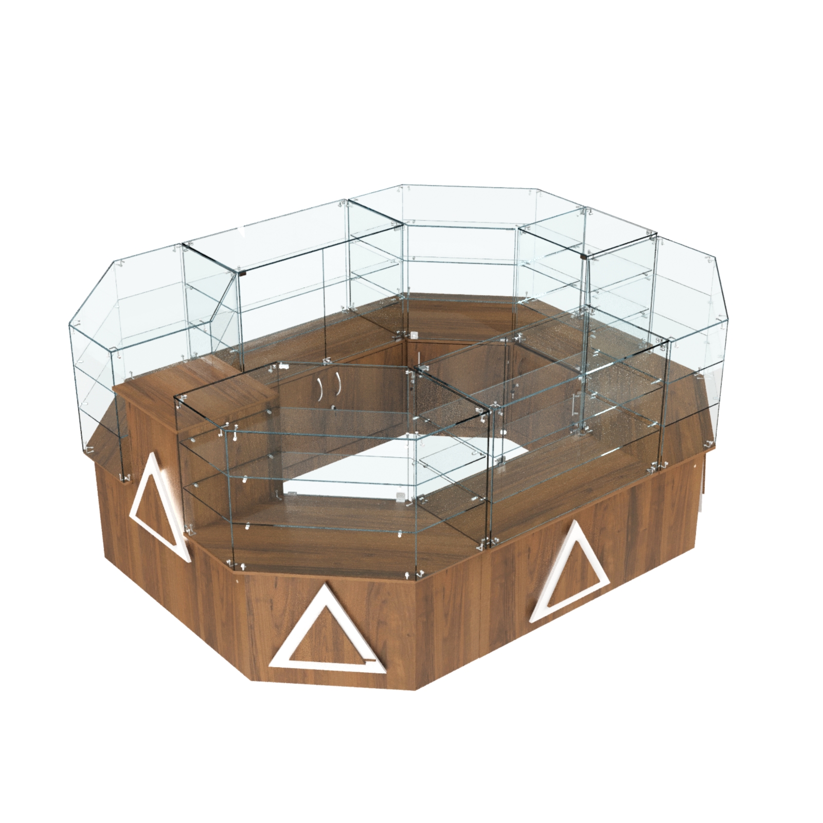 Торговый прямоугольный островок с низким накопителем и накладками серии ТРЕУГОЛЬНИК №1 (6,24 кв.м) Орех