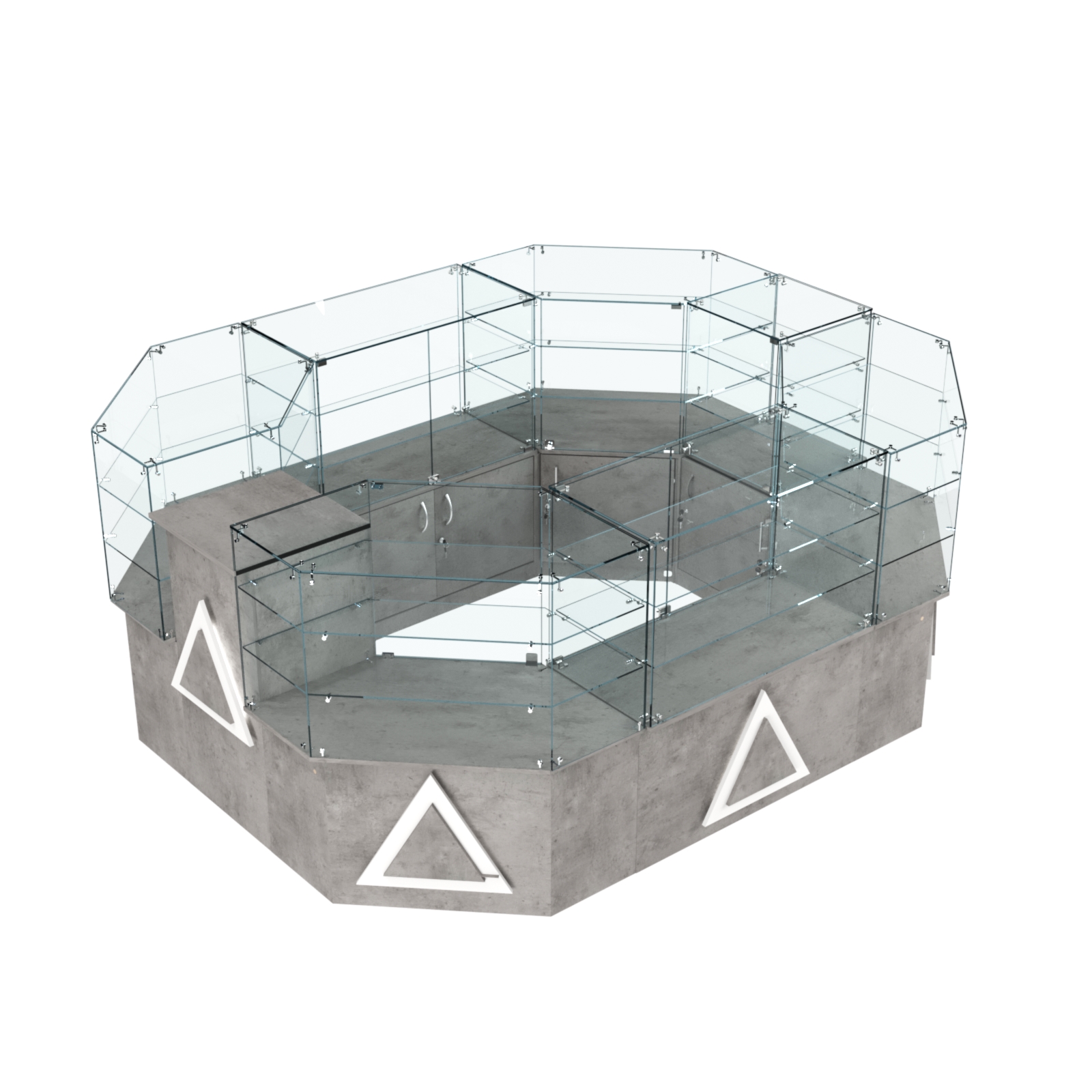 Торговый прямоугольный островок с низким накопителем и накладками серии ТРЕУГОЛЬНИК №1 (6,24 кв.м) Бетон Чикаго светло-серый F186 ST9